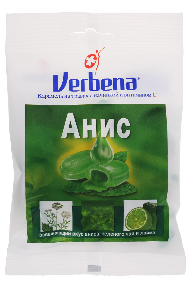 Verbena Анис карамель на травах, 60 г0120710 Verbena Анис карамель на травах, 60 г0120710Карамель Verbena Анис с начинкой из натуральных экстрактов лечебных растений имеют повышенное содержание витамина С (200мг на 100 г). Всего 6 леденцов Verbena обеспечит более половины суточной потребности витамина С!