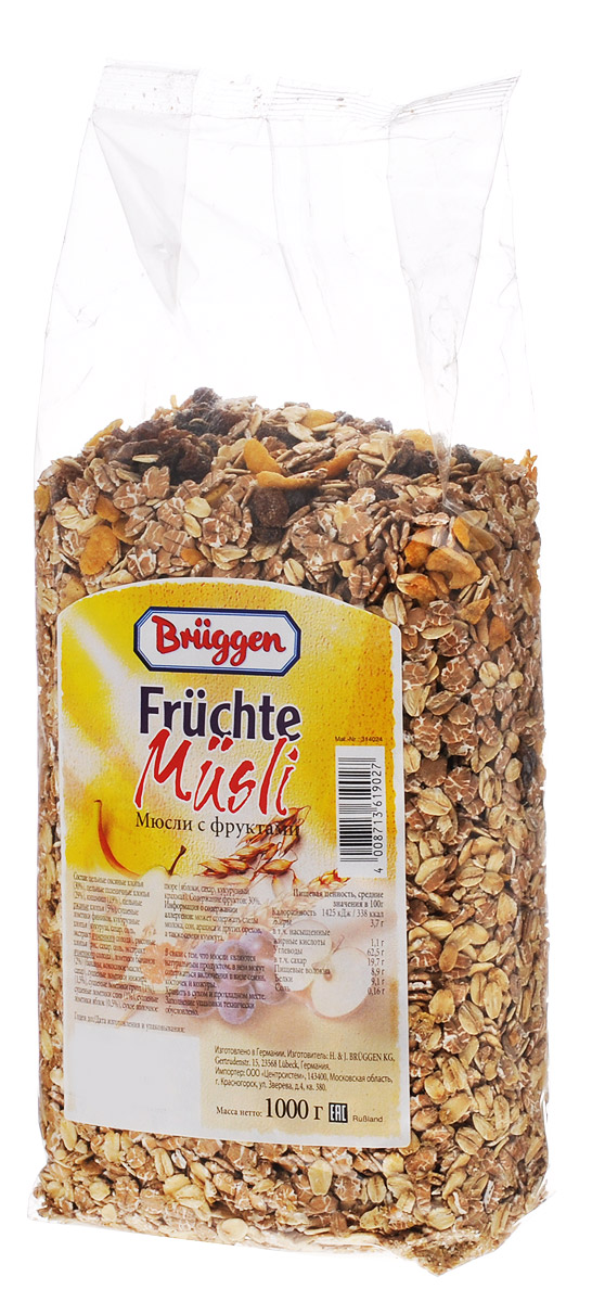Bruggen мюсли фруктовые, 1 кг0120710 Bruggen мюсли фруктовые, 1 кг0120710Вкусные фруктовые мюсли от Bruggen изготовлены из лучших сортов злаков, а также содержат различные натуральные добавки: ломтики бананов, инжира, груш, яблок, слив, кишмиш, рисовые и кукурузные хлопья. Отличный продукт для бодрого и продуктивного начала дня.Информация о содержании аллергенов: может содержать следы молока, сои, арахиса и других орехов, а также семян кунжута. В связи с тем, что мюсли являются натуральным продуктом, в нем могут содержаться включения в виде семян, косточек и кожуры.