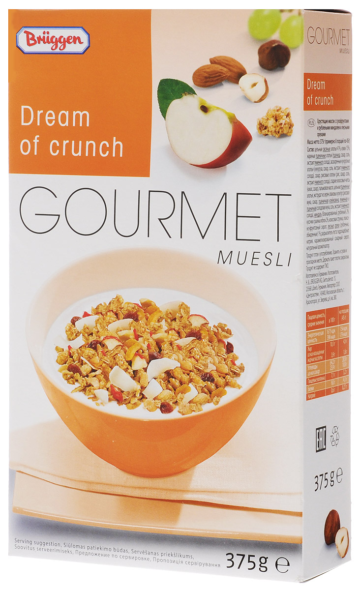 Gourmet хрустящие мюсли с сухофруктами и орехами, 375 гбзг005 Gourmet хрустящие мюсли с сухофруктами и орехами, 375 гбзг005Мюсли Gourmet с орехами изготовлены из лучших сортов злаков, содержат сладкие кокосовые чипсы, миндаль, кусочки сушеных яблок, кокосовую стружку и лесные орехи.