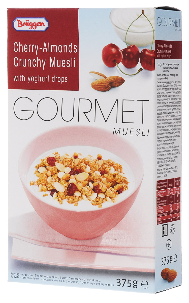 Gourmet Jovita мюсли вишня-миндаль йогурт, 375 г0120710 Gourmet Jovita мюсли вишня-миндаль йогурт, 375 г0120710Мюсли Gourmet Jovita с вишней и миндалем изготовлены из лучших сортов злаков, содержат кусочки сушеной вишни в сахаре, кусочки миндаля и кокосовую стружку.