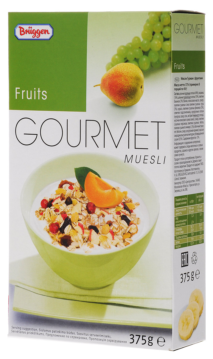 Gourmet мюсли фруктовые, 375 гбзг003 Gourmet мюсли фруктовые, 375 гбзг003Мюсли Gourmet с фруктами изготовлены из лучших сортов злаков, содержат кусочки банана, сушеных слив, груш, курагу, ломтики сушеных фиников, семечки подсолнечника, кусочки кокосового ореха, ломтики сушеных персиков и яблок, а также кусочки инжира и красной смородины.