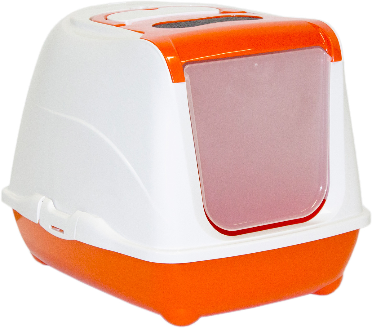 Туалет для кошек Moderna Flip Cat, закрытый, цвет: оранжевый, 39 х 50 х 37 см0120710 Туалет для кошек Moderna Flip Cat, закрытый, цвет: оранжевый, 39 х 50 х 37 см0120710Закрытый туалет для кошек Flip Cat выполнен из высококачественного пластика. Туалет оснащен прозрачной открывающейся дверцей, сменным фильтром и удобной ручкой для переноски. Такой туалет избавит ваш дом от неприятного запаха и разбросанных повсюду частичек наполнителя. Кошка в таком туалете будет чувствовать себя увереннее, ведь в этом укромном уголке ее никто не увидит. Кроме того, яркий дизайн с легкостью впишется в интерьер вашего дома. Туалет легко открывается для чистки благодаря практичным защелкам по бокам.