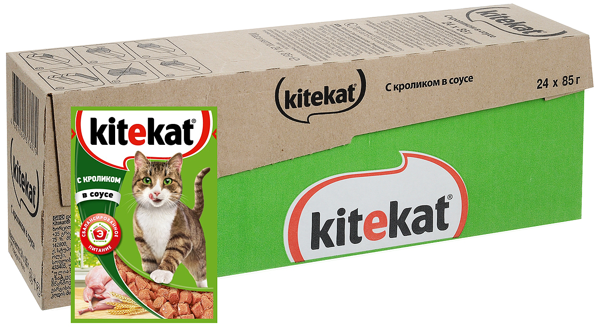 Консервы Kitekat для взрослых кошек, с кроликом в соусе, 85 г х 24 шт0120710 Консервы Kitekat для взрослых кошек, с кроликом в соусе, 85 г х 24 шт0120710Консервы Kitekat - это порция сочных кусочков с кроликом, приготовленных по особому рецепту. В основе корма формула сбалансированного питания, которая содержит белки, минералы, витамины, таурин и животные жиры. Порадуйте вашего питомца - в каждой порции только качественные продукты, как и те, что на вашей кухне: мясные ингредиенты, злаки и жиры животного происхождения. Все натуральные свойства сохранены и правильно сбалансированы для энергии и здоровья вашего кота. В упаковке 24 пауча по 85 г. Товар сертифицирован.