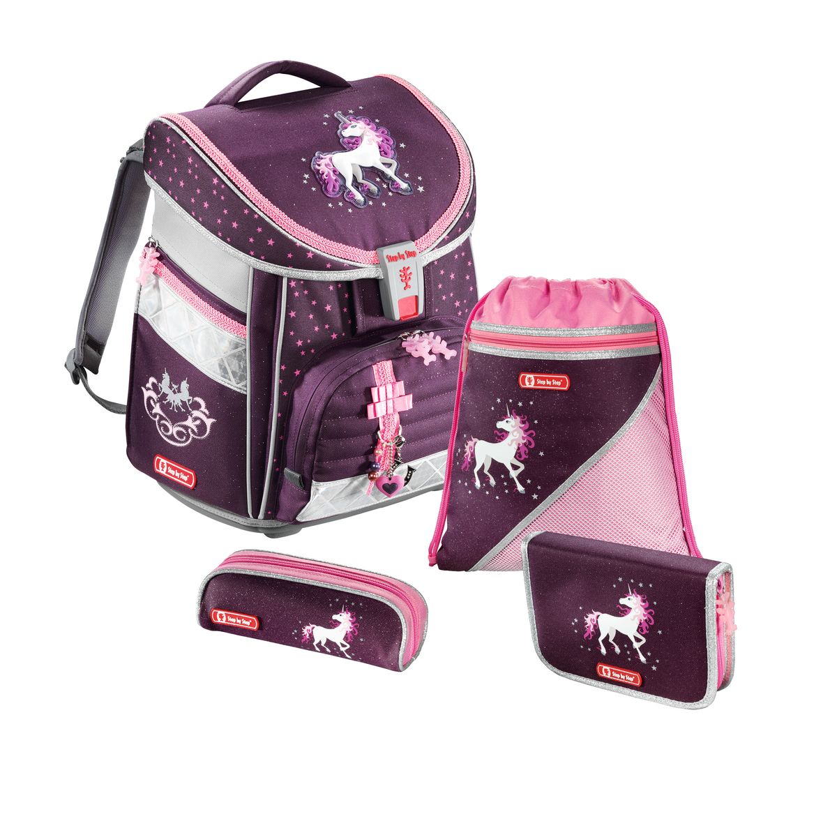 Hama Ранец школьный для девочки Step By Step Comfort Unicorn с наполнением72523WD Hama Ранец школьный для девочки Step By Step Comfort Unicorn с наполнением72523WDШкольный ранец для девочки Step By Step Comfort Unicorn подарит ребенку удобство и стильный внешний вид. Исполненный из полиэстера, он имеет два основных отделения, прикрытых клапаном на защелке, два боковых кармана, один большой внешний карман на молнии, уплотненную спинку и широкие мягкие регулируемые лямки. В комплекте с ранцем идет мягкий мешок для сменной обуви, жесткий пенал и мягкий пенал-косметичка. Для удобства переноски рюкзак снабжен ручкой-петлей, а чтобы ребенка можно было распознать на дороге в сумерки - светоотражателями.