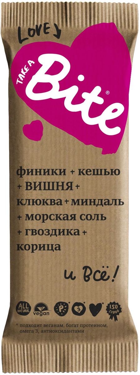 Take A Bite Love батончик орехово-фруктовый, 45 г0120710 Take A Bite Love батончик орехово-фруктовый, 45 г0120710Статистика утверждает, что любящие люди живут дольше. В батончик Love вложили всю любовь. С ним вы будете чувствовать себя еще более счастливыми! Любите и будьте любимы с Bite!