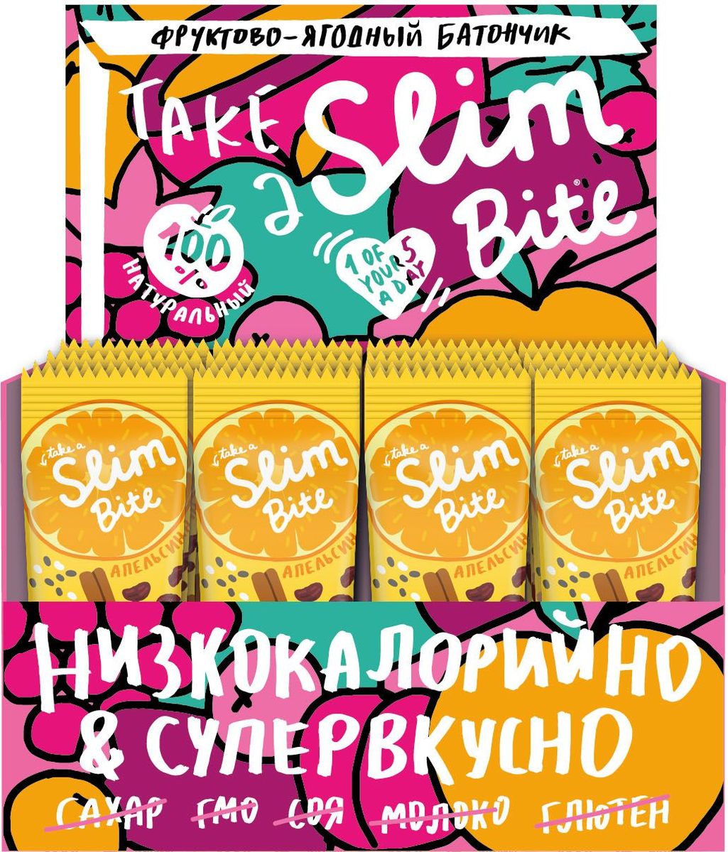 Take A Slim Bite Апельсин батончик фруктово-ягодный, 30 шт х 30 г0120710 Take A Slim Bite Апельсин батончик фруктово-ягодный, 30 шт х 30 г0120710Создать солнечное настроение легко со Slim Bite Апельсин. Сочный апельсин в сочетании с фиником, яблоком и корицей удивит ярким вкусом. А натуральные витамины укрепят иммунитет и придадут тонус.