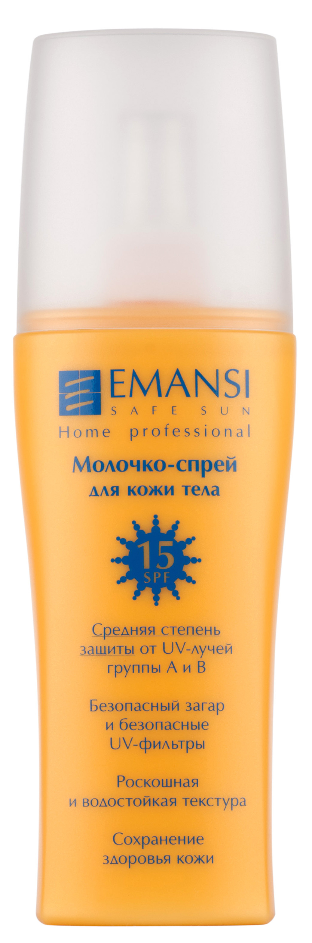 Emansi Молочко-спрей для кожи тела Safe sun SPF 15, 150 мл72523WD Emansi Молочко-спрей для кожи тела Safe sun SPF 15, 150 мл72523WD- Средняя степень защиты от UV-лучей группы А и В- Безопасный загар и безопасные UV-фильтры- Роскошная и водостойкая текстура- Сохранение здоровья кожи- Защищает от UV-лучей группы А и В благодаря использованию безопасных UV-фильтров- Устойчиво к действию воды и пота- Подходит для любой, в том числе и чувствительной кожи