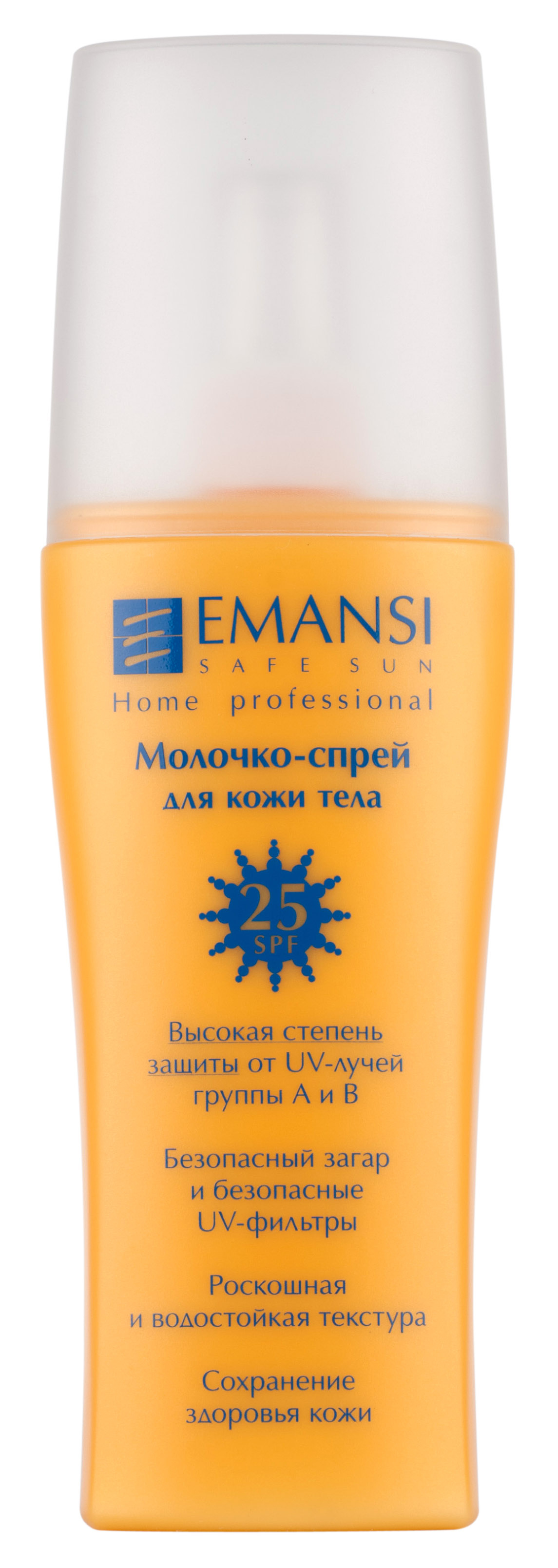 Emansi Молочко-спрей для кожи тела Safe sun SPF 25, 150 мл086-31294 Emansi Молочко-спрей для кожи тела Safe sun SPF 25, 150 мл086-31294- Высокая степень защиты от UV-лучей группы А и В- Безопасный загар и безопасные UV-фильтры- Роскошная и водостойкая текстура- Сохранение здоровья кожи - Защищает от UV-лучей группы А и В благодаря включению безопасных UV-фильтров- Устойчиво к действию воды и пота- Подходит для любой, в том числе и чувствительной кожи