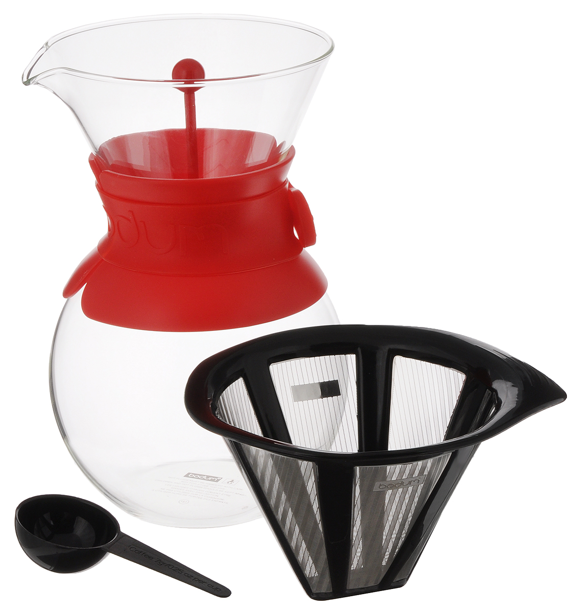 Кофейник Bodum Pour Over, с фильтром и мерной ложкой, цвет: прозрачный, красный, 1 л115510 Кофейник Bodum Pour Over, с фильтром и мерной ложкой, цвет: прозрачный, красный, 1 л115510Кофейник с фильтром Bodum Pour Over предназначен для заваривания кофе. Изделие изготовлено из боросиликатного термостойкого стекла, снабжено специальной пластиковой вставкой с силиконовым ремешком, чтобы не обжечь руки. Фильтр выполнен из пластика с сеткой из коррозионностойкой стали. Кофейник очень прост в использовании. Заполните воронку молотым кофе, предназначенным для приготовления капельным способом. Медленно вливайте горячую воду, дайте воде просочиться сквозь кофе, готовый кофе будет капать в емкость. В комплекте предусмотрена специальная мерная ложечка на 7 грамм кофе. Диаметр емкости (по верхнему краю): 12 см. Высота емкости (без учета крышки): 21 см. Размер фильтра: 17 х 13,5 х 10 см.Длина ложки: 10 см.