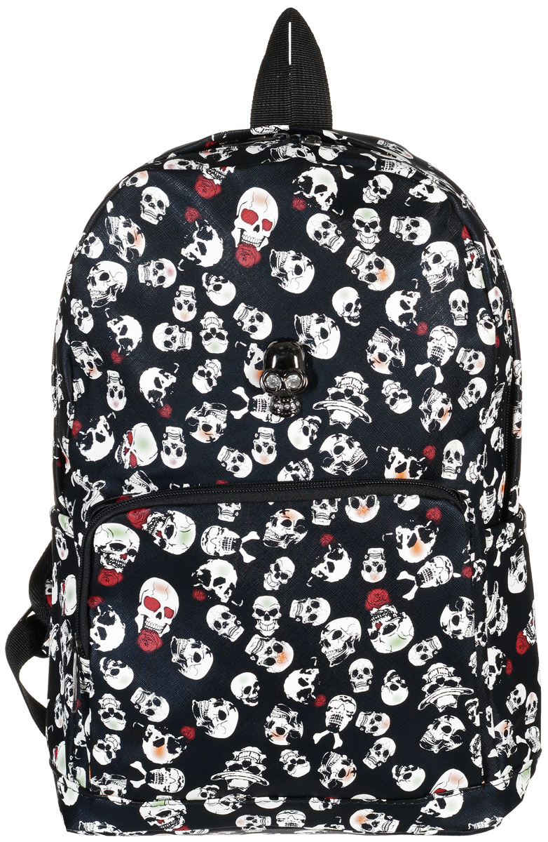 Рюкзак Kawaii Factory Skulls, цвет: черный. KW102-000004S76245 Рюкзак Kawaii Factory Skulls, цвет: черный. KW102-000004S76245Стильный и дерзкий рюкзак с черепами Skulls от Kawaii Factory подарит вам возможность производить неизгладимое впечатление на окружающих! Время эффектных аксессуаров с оригинальными принтами пришло! Необычный городской рюкзак станет верным спутником в путешествии по городским будням. Изделие оснащено широкими регулируемыми лямками. В нем есть все, что нужно - одно основное отделение, закрывающееся на застежку-молнию, один внутренний накладной карман, а также карман на молнии на передней части рюкзака. По бокам имеются небольшие кармашки для различных мелочей. Благодаря отличной эргономичности прогулочный рюкзак будет практически невесомым на вашей спине. Простой, но в то же время стильный - он выглядит очень эффектно и даже экстраординарно и определенно выделит своего обладателя из толпы.