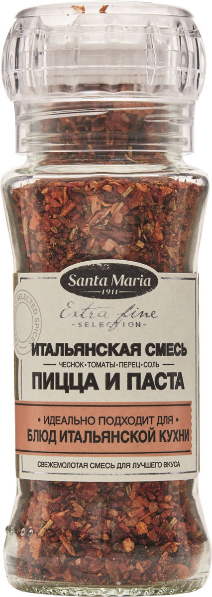 Santa Maria Итальянская смесь Пицца и паста, 80 г0120710 Santa Maria Итальянская смесь Пицца и паста, 80 г0120710Восхитительная смесь - чеснок, томаты, перец чили и средиземноморские травы (базилик, орегано и розмарин) - напомнит вам о солнечной Италии. Эта удивительная смесь максимально дополняет вкус пасты и пиццы.