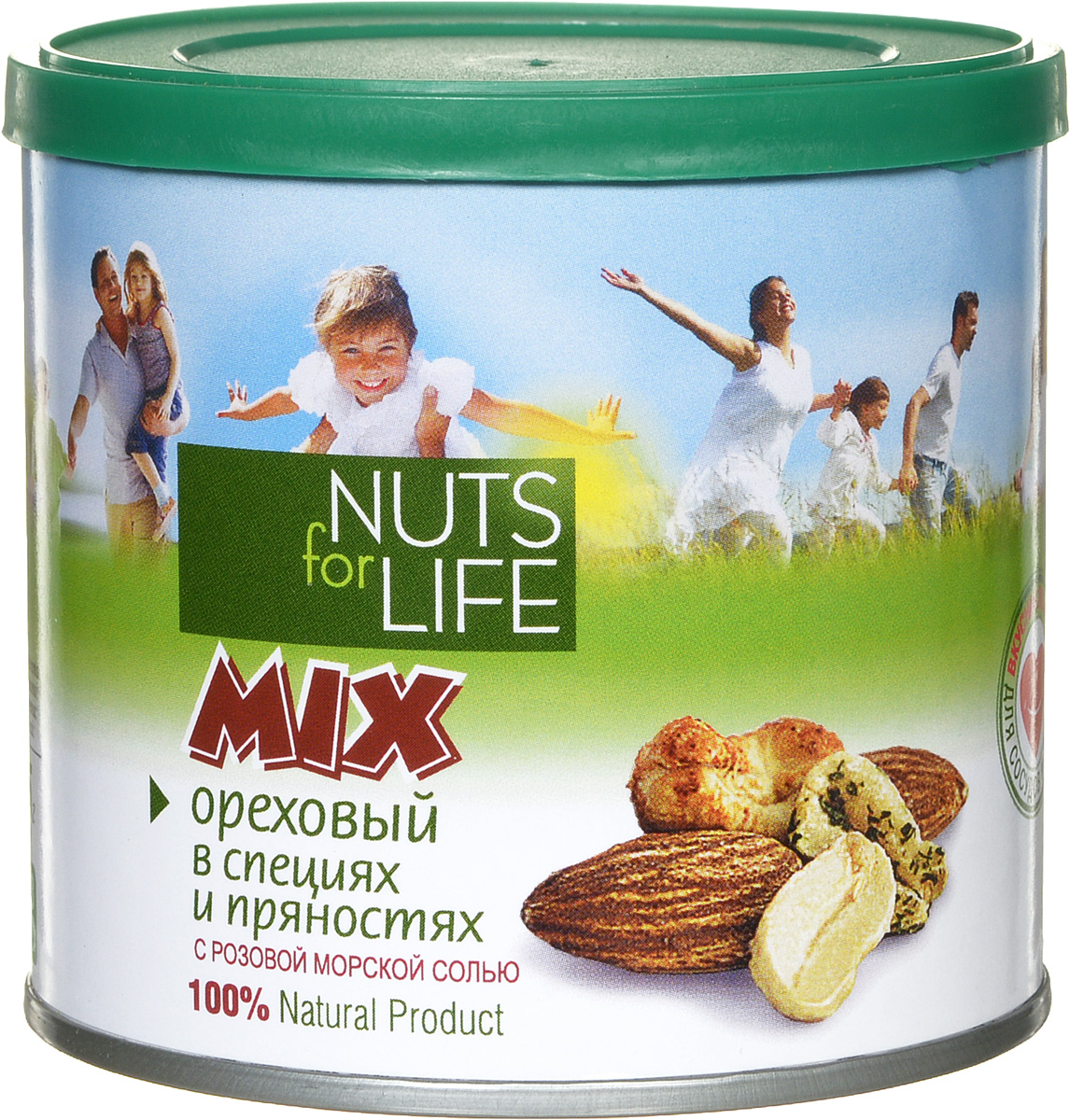 Nuts for Life Микс ореховый в специях и пряностях, 115 г0120710 Nuts for Life Микс ореховый в специях и пряностях, 115 г0120710Ядра высококачественного обжаренного миндаля, ароматный кешью с натуральным испанским томатом, арахис с чесноком и пряностями в сочетании с розовой морской солью зарядят вас необходимой энергией и повысят жизненный тонус.