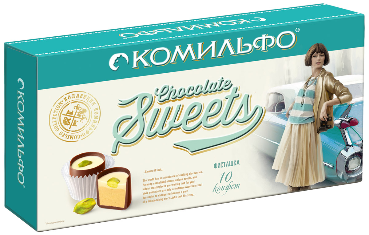Комильфо шоколадные конфеты фисташка, 116 г0120710 Комильфо шоколадные конфеты фисташка, 116 г0120710Восхитительная фисташковая начинка словно теплый весенний ветер, уносящий на самую вершину, где вас ожидает цельный фисташковый орешек.Каждая конфета Комильфо - это неповторимое сочетание нежной текстуры, нескольких восхитительных начинок в обрамлении превосходного шоколада и акцента в виде изысканного украшения. Уникальные конфеты словно изготовлены вручную и упакованы в премиальную, женственную, подарочную коробку. Отличный повод поделиться с близкими и побаловать себя.Уважаемые клиенты! Обращаем ваше внимание, что полный перечень состава продукта представлен на дополнительном изображении.