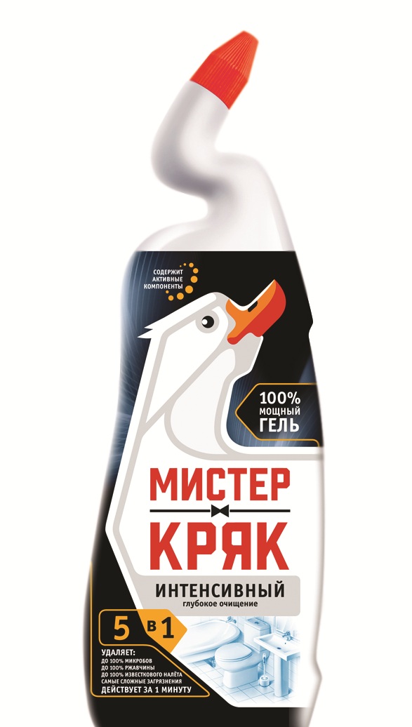 Средство для очистки унитаза Мистер Кряк Интенсивный, 750 гS03301004 Средство для очистки унитаза Мистер Кряк Интенсивный, 750 гS03301004Предназначено для удаления устойчивых загрязнений: ржавчины, известкового налёта, мочевого, водного камня и других сложных загрязнений с поверхности унитазов на длительное время. Действует за 1 минуту. Убивает до 99,9 % микробов, придаёт устойчивый блеск, устраняет неприятные запахи. Работает как на поверхности унитаза так и под водой. Имеет загущенную формулу. Меняет цвет во время очищения. Благодаря уникальной форме флакона удаляет загрязнения даже в труднодоступных местах. Состав: > 30 % вода, ? 5 %, но < 15 % кислота соляная ингибированная, < 5 % НПАВ, < 5 %: краситель. Способ применения: Нанесите средство под ободок унитаза по окружности, распределить щеткой по очищаемой поверхности. Для удаления загрязнений в нижней части унитаза налейте средство в воду и оставьте на 1 мин., смойте. Плотно закрутите колпачок. При сильном загрязнении обработку повторите. Используйте регулярно для поддержания чистоты и свежести туалета.
