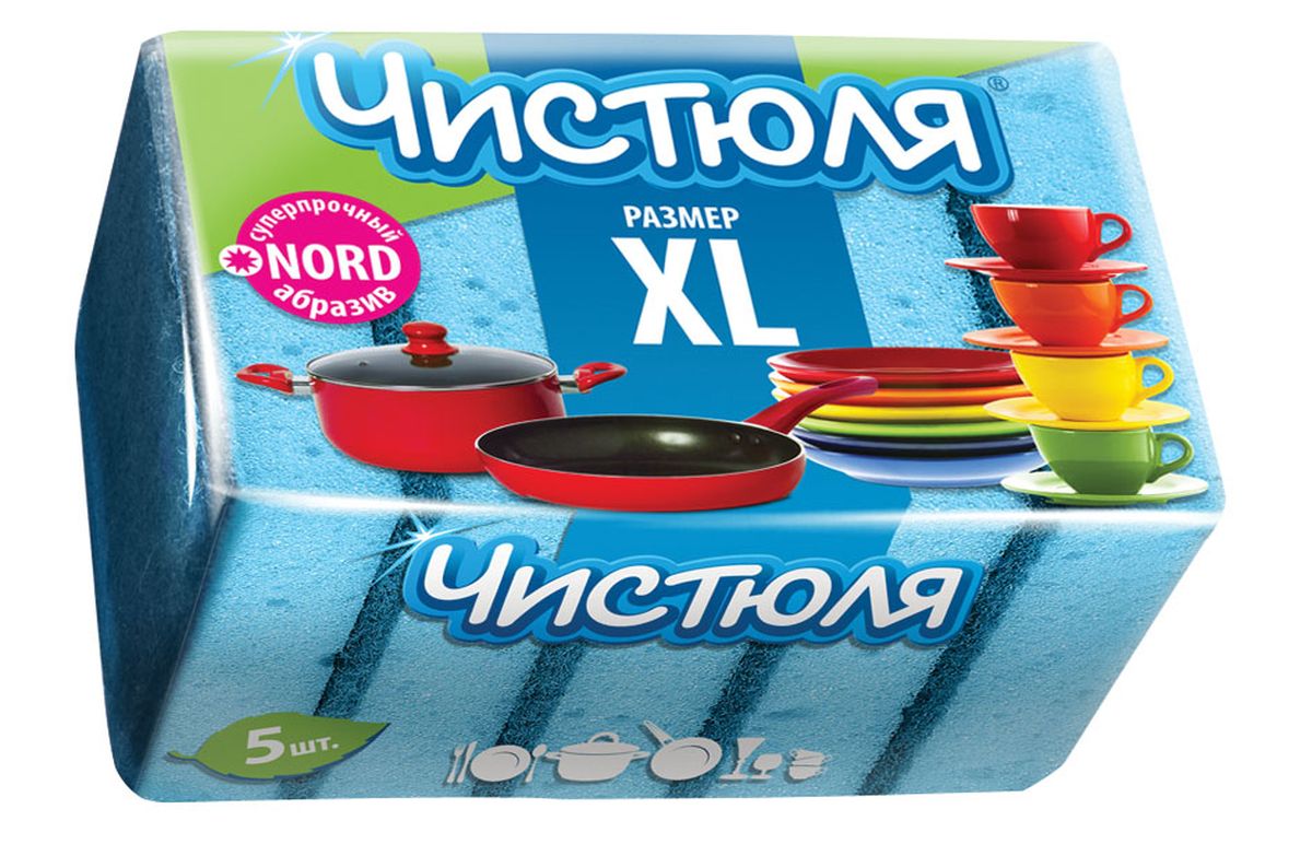 Губка для мытья посуды Чистюля XL, с абразивным слоем, 100 х 70 х 30 см, 5 шт787502 Губка для мытья посуды Чистюля XL, с абразивным слоем, 100 х 70 х 30 см, 5 шт787502Удобный размер. Синий СУПЕРПРОЧНЫЙ АБРАЗИВ NORD: более плотный, более износостойкий. Специальный поролон ЕВРО: более упругий, крупнопористый: повышенное пенообразование, сохранение отличного внешнего вида