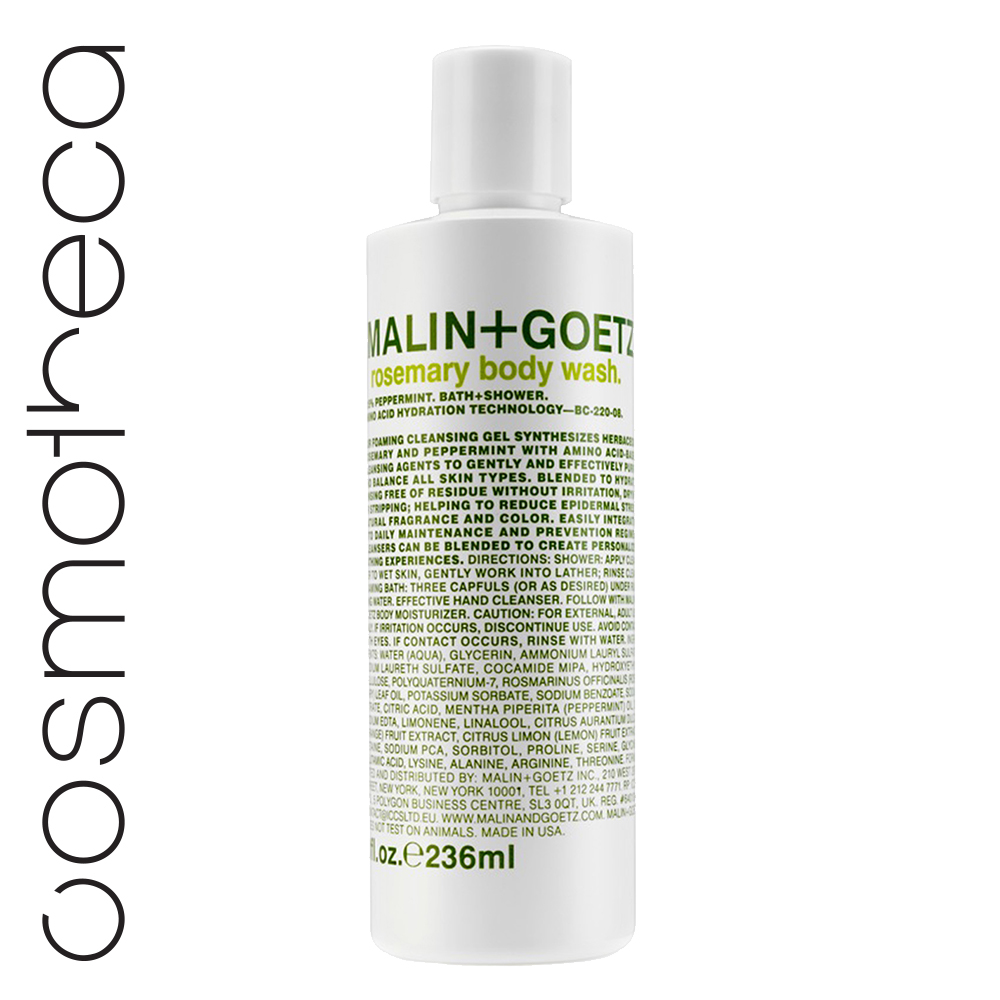 Malin+Goetz Гель для душа Розмарин 236 мл086-4-31607 Malin+Goetz Гель для душа Розмарин 236 мл086-4-31607Увлажняющая формула на основе аминокислот.Мягкие гели бережно очищают кожу, оставляя тонкий аромат. Моющая основа – аммониум лаурил сульфат и содиум лаурет сульфат.Эфирные масла лимона и сладкого апельсинаосвежают, восстанавливают, повышают эластичность кожи, поднимают настроение. Эфирные масла розмарина и мяты улучшают состояние любой кожи, освежают, устраняют усталость и неуверенность.
