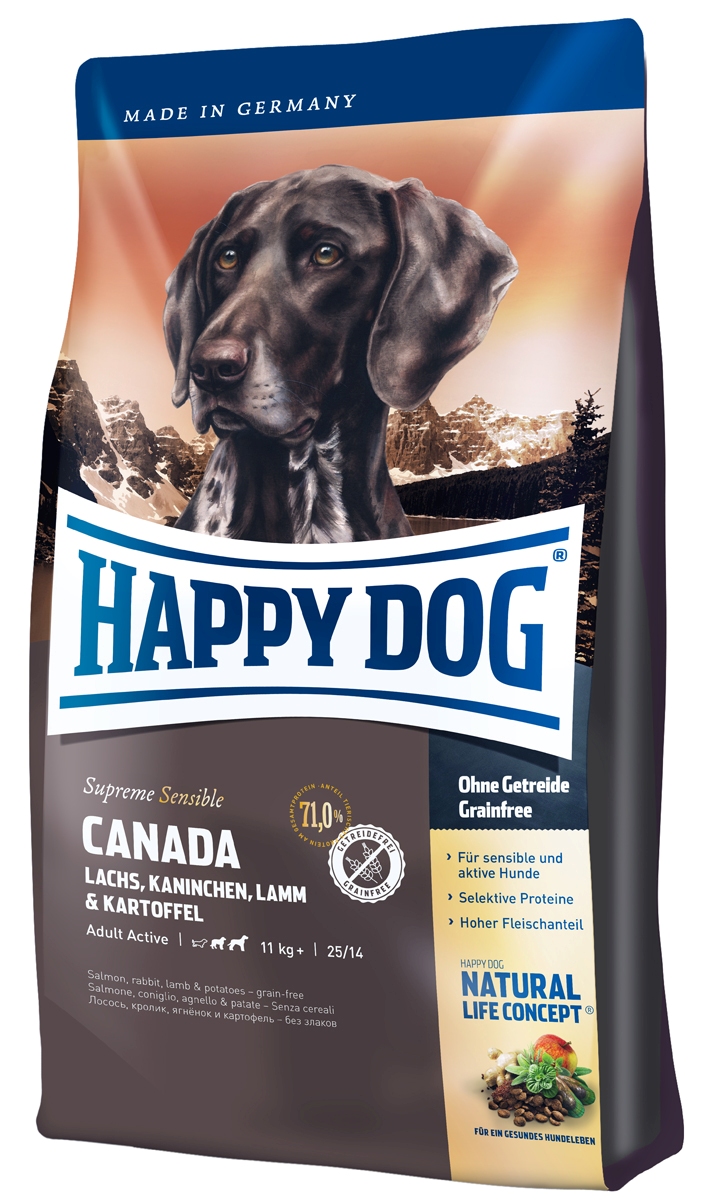 Корм сухой Happy Dog Канада для собак средних и крупных пород, лосось, кролик, ягненок, 1 кг0120710 Корм сухой Happy Dog Канада для собак средних и крупных пород, лосось, кролик, ягненок, 1 кг0120710Корм Happy Dog Канада, не содержащий злаков, оптимально подходит для чувствительных собак. Корм разработан для собак с повышенной потребностью в энергии. Он прекрасно подходит так же для молодых собак начиная с 6 месяца жизни. Исключительно вкусный полнорационный корм содержит мясо лосося, кролика и ягненка, а также картофель, не содержащий глютен. Состав: картофельные хлопья (47%), лосось (10%), белок из мяса кролика (10%), белок из мяса ягненка(10%), птичий жир, картофельный белок, свекольная пульпа, гидролизат печени, масло из семян подсолнечника (1,5%), яблочная пульпа (1,0%), клетчатка, сухое цельное яйцо, рапсовое масло (0,5%), семя льна (0,4%), хлорид натрия дрожжи, хлорид калия, клюква (0,22%),морские водоросли (0,15%), мясо моллюска (0,04%), Юкка Шидигера (0,02%), расторопша, артишок, одуванчик, имбирь, березовый лист, крапива, ромашка, кориандр, розмарин, шалфей, корень солодки, тимьян, дрожжи (экстрагированные), (общий объем трав: 0,15%).Аналитический состав: сырой протеин 25,0%, сырой жир 14,0%, сырая клетчатка 3,0%, сырая зола 7,5%, кальций 1,45%, фосфор 0,95%, натрий 0,45%, Омега-6 жирные кислоты 2,8%, Омега-3 жирные кислоты 0,5%.Витамины/кг: витамин А 12000 М.Е., витамин Д3 1200 М.Е., витамин Е 75 мг, витамин В1 4 мг, витамин В2 6 мг, витамин В6 4 мг, биотин 575 мкг, кальция D-пантотенат 10 мг, ниацин витамин В12 40 мг, холинхлорид 70 мкг.Микроэлементы/кг: железо 60 мг, медь 110 мг, цинк 10 мг, марганец 135 мг, йод 25 мг, селен 2 мг.Товар сертифицирован.