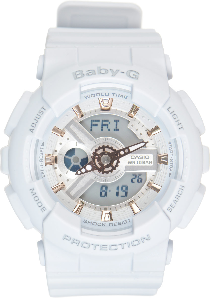 Часы наручные женские Casio G-Shock, цвет: нежно-голубой. BA-110GA-8ABM8434-58AE Часы наручные женские Casio G-Shock, цвет: нежно-голубой. BA-110GA-8ABM8434-58AEСтильные часы Casio G-Shock сочетают в себе ультрамодные цвета с приглушенным матовым покрытием. Золотистые металлические детали, используемые для меток и часовых элементов, выступают привлекательными акцентами. Часы будут пользоваться популярностью среди девушек, ведущих активный образ жизни. Ударопрочная конструкция защищает механизм от ударов и вибрации. Корпус выполнен из высококачественного пластика и оснащен минеральным стеклом, устойчивым к возникновению царапин. Резиновый ремешок имеет надежную классическую застежку. Изделие оснащено кварцевым механизмом с двойной цифро-аналоговой индикацией. Имеет степень водозащиты равную 100WR, что отлично подходит для плавания и ныряния. Циферблат подсвечивается светодиодом, а умная функция задержки отключения освещает циферблат еще несколько секунд после отпускания кнопки освещения. Помимо этого стоит отметить еще люминесцентный состав на стрелках и между часовых меток с ярким послесвечением даже после кратковременного воздействия света. Часы имеют будильник с функцией повтора сигнала (Snooze). Среди удобных функций также имеется секундомер с точностью показаний 1/100 с и временем измерения 24 ч, таймер обратного отсчета от 1мин до 24ч и 12-ти и 24-х часовой формат времени. Часы G-Shock продвинуты не только своими функциями и технологиями, но и своим уникальным дизайном. Модель выделяетсяизысканным дизайном, сочетая в себе привычный спортивный стиль и одновременно классический. Поэтому часы G-Shock - это еще и модный аксессуар, который можно носить, как повседневно, так и по особым случаям.