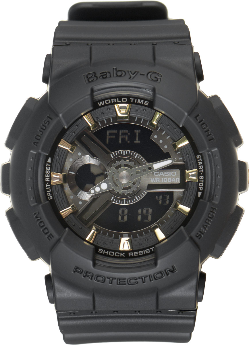 Часы наручные женские Casio G-Shock, цвет: черный. BA-110GA-1ABM8434-58AE Часы наручные женские Casio G-Shock, цвет: черный. BA-110GA-1ABM8434-58AEСтильные часы Baby-G сочетают в себе ультрамодные цвета с приглушенным матовым покрытием. Золотистые металлические детали, используемые для меток и часовых элементов, выступают привлекательными акцентами. Часы будут пользоваться популярностью среди девушек, ведущих активный образ жизни. Ударопрочная конструкция защищает механизм от ударов и вибрации. Корпус выполнен из высококачественного пластика и оснащен минеральным стеклом, устойчивым к возникновению царапин. Резиновый ремешок имеет надежную классическую застежку. Изделие оснащено кварцевым механизмом с двойной цифро-аналоговой индикацией. Имеет степень водозащиты равную 100WR, что отлично подходит для плавания и ныряния. Циферблат подсвечивается светодиодом, а умная функция задержки отключения освещает циферблат еще несколько секунд после отпускания кнопки освещения. Помимо этого стоит отметить еще люминесцентный состав на стрелках и между часовых меток с ярким послесвечением даже после кратковременного воздействия света. Часы имеют будильник с функцией повтора сигнала (Snooze). Среди удобных функций также имеется секундомер с точностью показаний 1/100 с и временем измерения 24 ч, таймер обратного отсчета от 1мин до 24ч и 12-ти и 24-х часовой формат времени. Часы G-Shock продвинуты не только своими функциями и технологиями, но и своим уникальным дизайном. Модель выделяетсяизысканным дизайном, сочетая в себе привычный спортивный стиль и одновременно классический. Поэтому часы G-Shock - это еще и модный аксессуар, который можно носить, как повседневно, так и по особым случаям.
