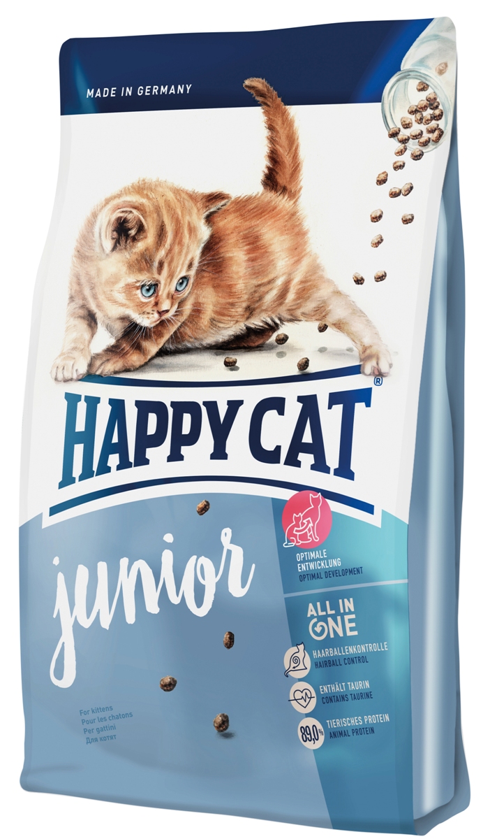 Корм сухой Happy Cat Supreme Junior для котят, 4 кг0120710 Корм сухой Happy Cat Supreme Junior для котят, 4 кг0120710Сухой корм Happy Cat Supreme Junior - производится на основе многообразной и натуральной рецептуры. Данный корм изготовлен из ценной птицы и лосося и тем самым имеет высокое содержание животного белка, которые составляют минимум 89% из общего содержания протеина, что является важным фактором эволюции из бедокура в сильную кошку.Котятам требуется особенно качественное питание как залог долгой и активной жизни. Для гармоничного роста крайне важен сбалансированный корм, который содержит все необходимое.Состав: птица (29%), кукурузная мука, птичий жир, мясопродукты, рисовая мука, картофельные хлопья, лосось (3,5%), клетчатка, свекольная пульпа, хлорид натрия, сухое цельное яйцо, дрожжи, яблочная пульпа (0,4%), хлорид калия, морские водоросли (0,2%), семя льна (0,2%), Юкка Шидигера (0,04%), корень цикория (0,04%), дрожжи (экстрагированные), расторопша, артишок, одуванчик, имбирь, березовый лист, крапива, ромашка, кориандр, розмарин, шалфей, корень солодки, тимьян (общий объем сухих трав: 0,18%).Аналитический состав: сырой протеин 34%, сырой жир 19%, сырая клетчатка 3,0%, сырая зола 6,5 %, кальций 1,33 %, фосфор 0,85 %, натрий 0,45 %, калий 0,65%, магний 0,07 %, омега - 6 жирные кислоты 3,0 %, омега - 3 жирные кислоты 0,3%.Витамины/кг: витамин A (3а672а) 25000 МE, витамин D3 2000 МЕ, витамин E (альфа-токоферол 3a700) 120 мг, витамин B1 (тиаминмононитрат 3a821) 6 мг, витамин B2 (рибофлавин) 6 мг, витамин B6 (пиридоксингидрохлорид 3a831) 5 мг, D(+) биотин (3a880) 1000 мкг, кальция-D-пантотенат 12 мг, ниацин 60 мг, витамин B12 100 мкг, холинхлорид 75 мг. Антиоксиданты: натуральные экстракты с высоким содержанием токоферола. Микроэлементы/кг: железо 120 мг (сульфат железа (II)), медь 12 мг (сульфат меди (II)), цинк 150 мг (оксид цинка), марганец 30 мг (оксид марганца (II)), йод 2,5 мг (йодат кальция 3b202), селен 0,2 мг (селенит натрия). Аминокислоты/кг: DL-метионин: 4300 мг, таурин (3a370) 1000 мг.Товар сертифицирован.