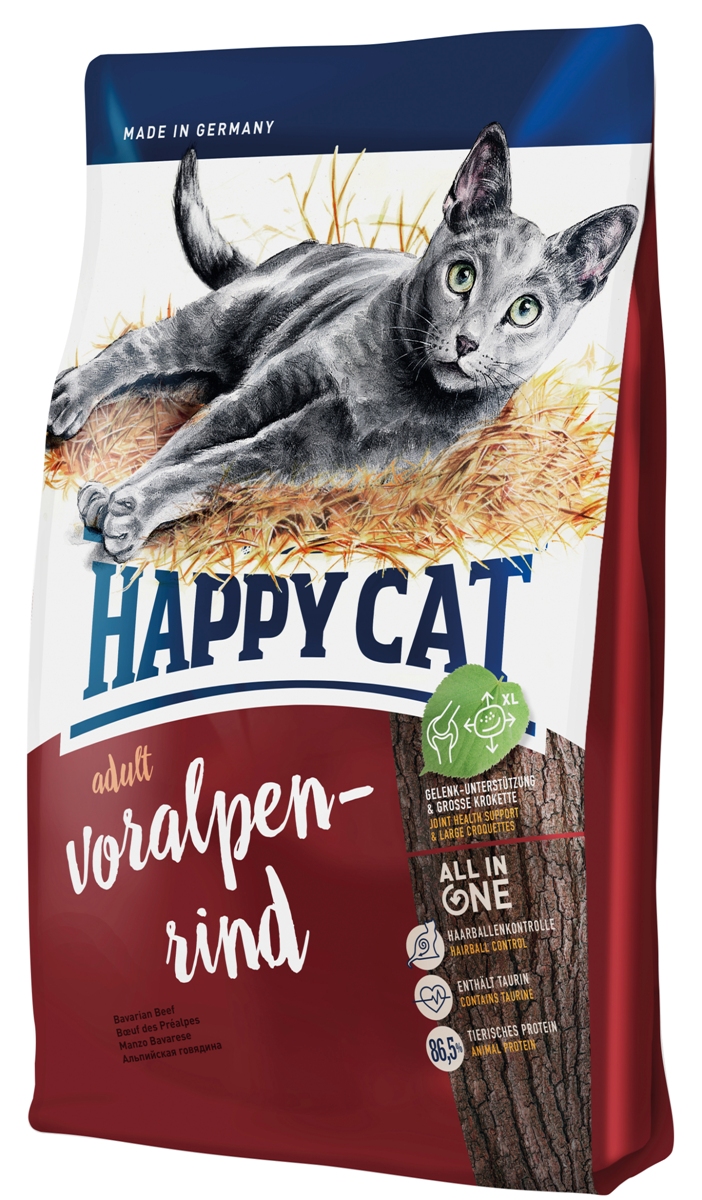 Корм сухой Happy Cat Adult для кошек с нормальной активностью, альпийская говядина, 4 кг41354 Корм сухой Happy Cat Adult для кошек с нормальной активностью, альпийская говядина, 4 кг41354Happy Cat Adult полностью обеспечивает питомца, который любит погулять на улице, всеми необходимыми высококачественными веществами. В состав входят вкусная говядина и птица. Изысканная рецептура без рыбы была специально разработана под потребности свободно гуляющих кошек и активных домашних кошек, так как калорийность полностью соответствует их большой физической активности. Чуть увеличенный размер гранулы хорошо сказывается на зубах.Состав: мясопродукты (13% говядины), кукурузная мука, кукуруза, птица (13%), птичий жир, картофельные хлопья, рисовая мука, клетчатка, мясная мука (0,8% говядины), гемоглобин, свекольная пульпа, сухое цельное яйцо, хлорид натрия, дрожжи, яблочная пульпа (0,4%), хлорид калия, морские водоросли (0,2%), семя льна (0,2%), новозеландский моллюск (0,04%), корень цикория (0,04%), дрожжи (экстрагированные), расторопша, артишок, одуванчик, имбирь, березовый лист, крапива, ромашка, кориандр, розмарин, шалфей, корень солодки, тимьян (общий объем сухих трав: 0,17%).Аналитический состав: сырой протеин 32%, сырой жир 18%, сырая клетчатка 3,0%, сырая зола 6,0%, кальций 1,05%, фосфор 0,7%, натрий 0,45%, калий 0,65%, магний 0,07%, Омега - 6 жирные кислоты 2,8%, Омега - 3 жирные кислоты 0,3%.Витамин A (3а672а) 18000 МE, витамин D3 1800 МЕ, витамин E (альфа-токоферол 3a700) 100 мг, витамин B1 (тиаминмононитрат 3a821) 5 мг, витамин B2 (рибофлавин) 6 мг, витамин B6 (пиридоксингидрохлорид 3a831) 4 мг, D(+) биотин (3a880) 700 мкг, кальция-D-пантотенат 12 мг, ниацин 45 мг, витамин B12 75 мкг, холинхлорид 75 мг.Антиоксиданты: натуральные экстракты с высоким содержанием токоферола. Микроэлементы/кг: железо 120 мг (сульфат железа (II)), медь 12 мг (сульфат меди (II)), цинк 150 мг (оксид цинка), марганец 30 мг (оксид марганца (II)), йод 2,5 мг (йодат кальция 3b202 ), селен 0,2 мг (селенит натрия). Аминокислоты/кг: DL-метионин: 4600 мг, таурин (3a370) 1000 мг.Товар сертифицирован.