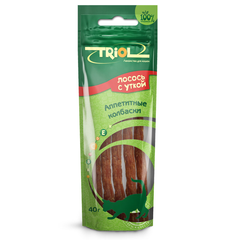 Лакомство для кошек Triol Аппетитные колбаски, лосось и утка, 40 г0120710 Лакомство для кошек Triol Аппетитные колбаски, лосось и утка, 40 г0120710Полезное угощение для поддержания здорового образа жизни вашей кошки. Лакомства этой группы обогащены общеукрепляющим комплексомвитаминов (A, E и D3), которые необходимы для здорового функционирования организма вашего питомца.