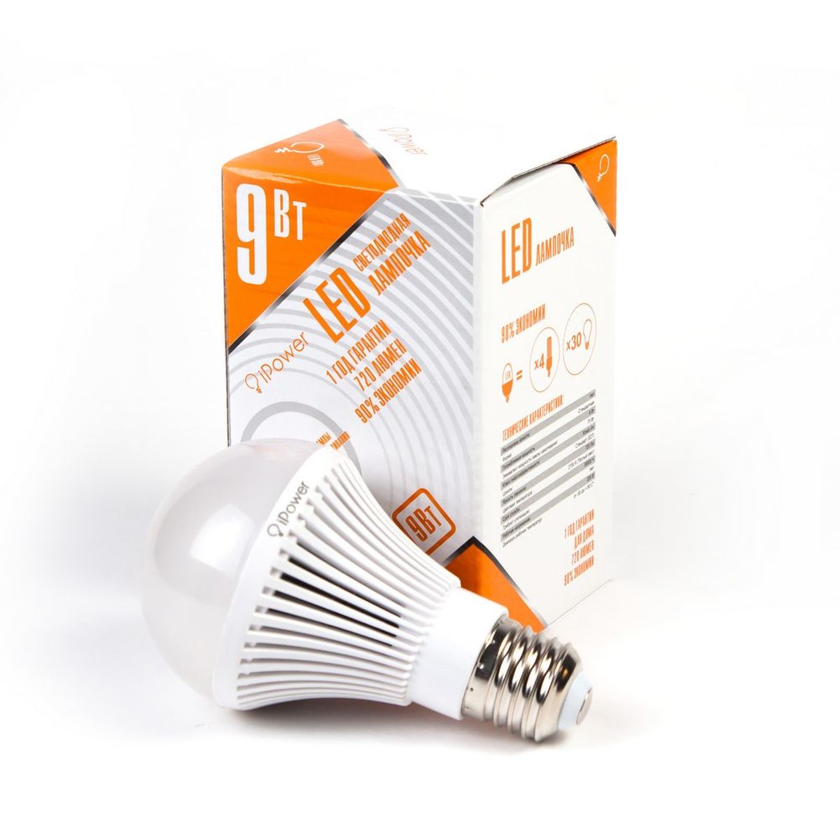Лампа светодиодная iPower, цоколь Е27, 9W, 2700КC0044702 Лампа светодиодная iPower, цоколь Е27, 9W, 2700КC0044702Светодиодная лампа iPower имеет очень низкое энергопотребление. В сравнении с лампами накаливания LED потребляет в 12 разменьше электричества, а в сравнении с энергосберегающими - в 2-4 раза меньше. При этом срок службы LED лампочки в 5 раз выше, чемэнергосберегающей, и в 50 раз выше, чем у лампы накаливания. Светодиодная лампа iPower создает мягкий рассеивающий свет безмерцаний, что совершенно безопасно для глаз. Она специально разработана по требованиям российских и европейских законов и подходит ковсем осветительным устройствам, совместимым со стандартным цоколем E27. Использование светодиодов от мирового лидера Epistar - этозалог надежной и стабильной работы лампы. Теплый оттенок света лампы по световой температуресоответствует обычной лампе накаливания ипозволит создать уют в доме и местах отдыха.Диапазон рабочих температур: от -50°C до +50°С.Материал: алюминий, поликарбонат.Потребляемая мощность: 9 Вт.Рабочее напряжение: 220В.Световая температура: 2700К (теплый свет).Срок службы: 30000 часов.Форма: стандарт.Цоколь: стандарт (E27).Эквивалент мощности лампы накаливания: 70 Вт.Яркость свечения: 720 Лм.