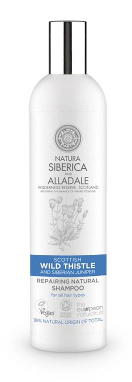 Natura Siberica and Alladale Восстанавливающий шампунь для волос 400 млMP59.4D Natura Siberica and Alladale Восстанавливающий шампунь для волос 400 млMP59.4DНатуральный сертифицированный восстанавливающий шампунь на основе органического чертополоха-символа Шотландии и дикого сибирского можжевельника, бережно собранного на нашей органической ферме в Хакассии. Органический экстракт чертополоха глубоко увлажняет волосы, а органический экстракт сибирского можжевельника укрепляет их. Для всех типов волос.