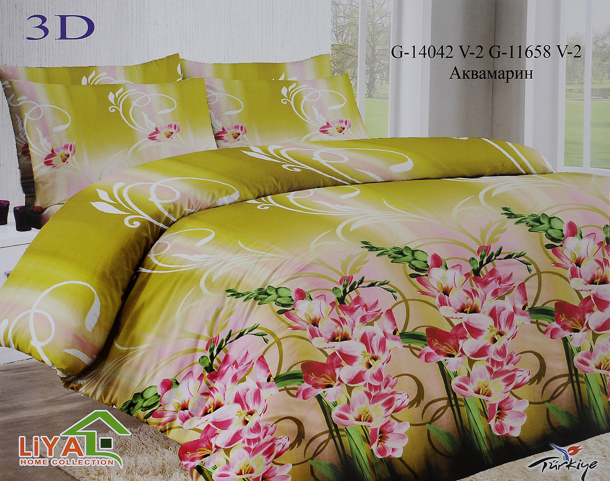 Комплект белья Liya Home Collection Аквамарин, 1,5-спальный, наволочки 70x70, цвет: оливковый, розовый, желтый391602 Комплект белья Liya Home Collection Аквамарин, 1,5-спальный, наволочки 70x70, цвет: оливковый, розовый, желтый391602Комплект белья Liya Home Collection Аквамарин состоит из пододеяльника, простыни и двух наволочек. Изделия выполнены из хлопка (70%) и полиэстера (30%).Хлопок является классическим примером гигроскопичности, гигиеничности, натуральности и простоты. Сочетание его с полиэстером лишает ткань присущих хлопку недостатков. Изделия из хлопка с полиэстером не выгорают, не растягиваются, дольше используются. Постельное белье из хлопка с полиэстером имеет двукратную продолжительность эксплуатации, по сравнению с чистым хлопком, оно не мнется и сохнет очень быстро.