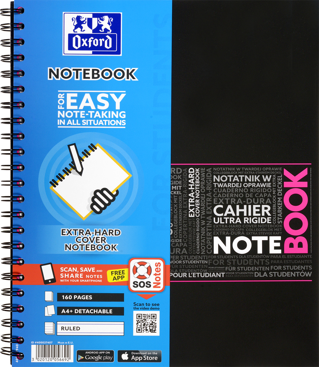 Oxford Тетрадь Sos Notes 80 листов в линейку цвет розовый72523WD Oxford Тетрадь Sos Notes 80 листов в линейку цвет розовый72523WDКрасивая и практичная тетрадь Oxford Sos Notes отлично подойдет для ведения и хранения заметок. Тетрадь формата А4+ состоит из 80 белых листов с полями и с четкой яркой линовкой в линейку. Обложка тетради выполнена из жесткого ламинированного картона розового и черного цвета. Все ваши записи и заметки всегда будут в безопасности, т.к тетрадь основана на двойной металлической спирали. Также тетрадь имеет острые углы и благодаря специальным меткам на каждой странице и бесплатному приложению SOS Notes для вашего телефона или планшета, вы сможете всегда легко перенести ваши записи и зарисовки с бумажной страницы в смартфон или на компьютер.