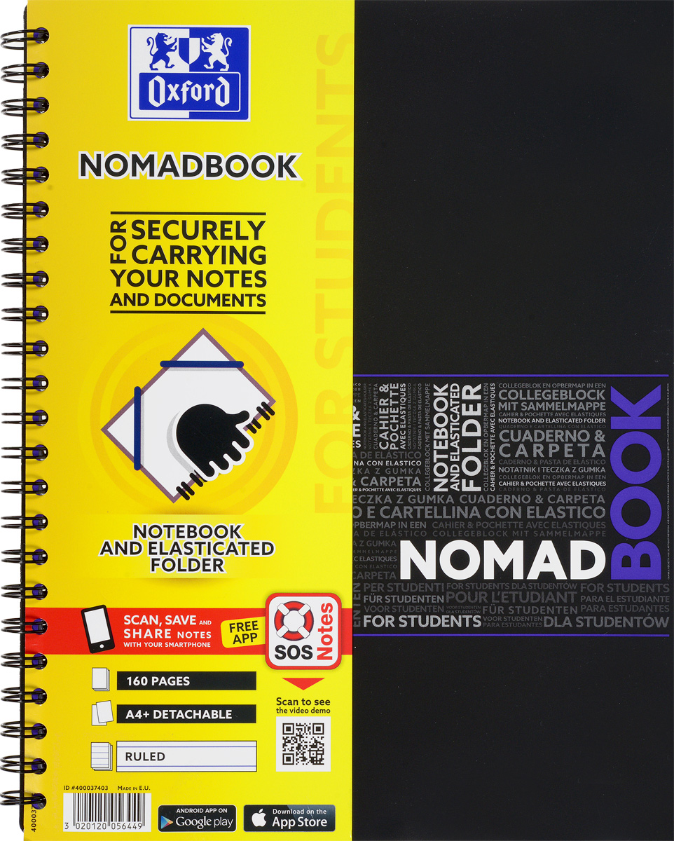 Oxford Тетрадь Nomadbook 80 листов в линейку цвет фиолетовый72523WD Oxford Тетрадь Nomadbook 80 листов в линейку цвет фиолетовый72523WDКрасивая и практичная тетрадь 2 в 1 Oxford Nomadbook отлично подойдет для ведения и хранения заметок. Тетрадь формата А4+ состоит из 80 листов белой бумаги и четкой яркой линовкой в линейку. Обложка тетради выполнена из жесткого полипропилена фиолетового и черного цвета. Все ваши записи и заметки всегда будут в безопасности, так как тетрадь основана на прочном металлическом гребне. Также тетрадь имеет закругленные углы и благодаря специальным меткам на каждой странице и бесплатному приложению SOS Notes для вашего телефона или планшета, вы сможете всегда легко перенести ваши записи и зарисовки с бумажной страницы в смартфон или на компьютер.Это прекрасное сочетание тетради и папки, так как включает в себя вставку папки с тремя клапанами на резинке в конце тетради для хранения различных документов.