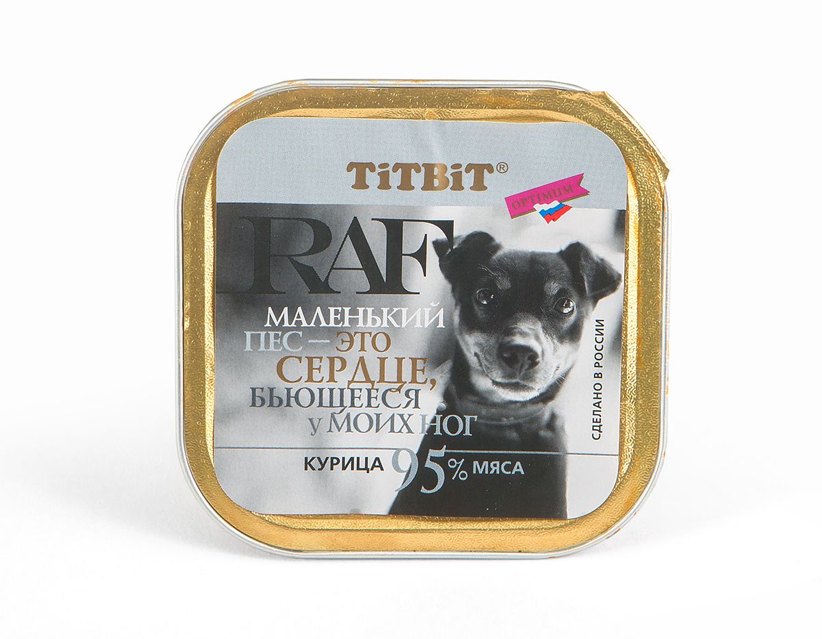 Консервы для собак Titbit RAF, паштет, с курицей, 100 г0120710 Консервы для собак Titbit RAF, паштет, с курицей, 100 г0120710Консервы для собак Titbit RAF - дополнительный корм, представляющий собой нежный паштет, состоящий из высококачественного мясного сырья (мясо, качественные субпродукты). Паштет обладает нежной текстурой и легкой консистенцией - хорошее решение для животных, испытывающих проблемы с пережевыванием пищи.Состав: курица (мясо, субпродукты), растительное масло, мука рисовая, морская соль, желирующая добавка, вода.Пищевая ценность: протеин 9 г, жиры 6 г, зола 2 г, клетчатка 0,2 г, влага 70 г.Товар сертифицирован.