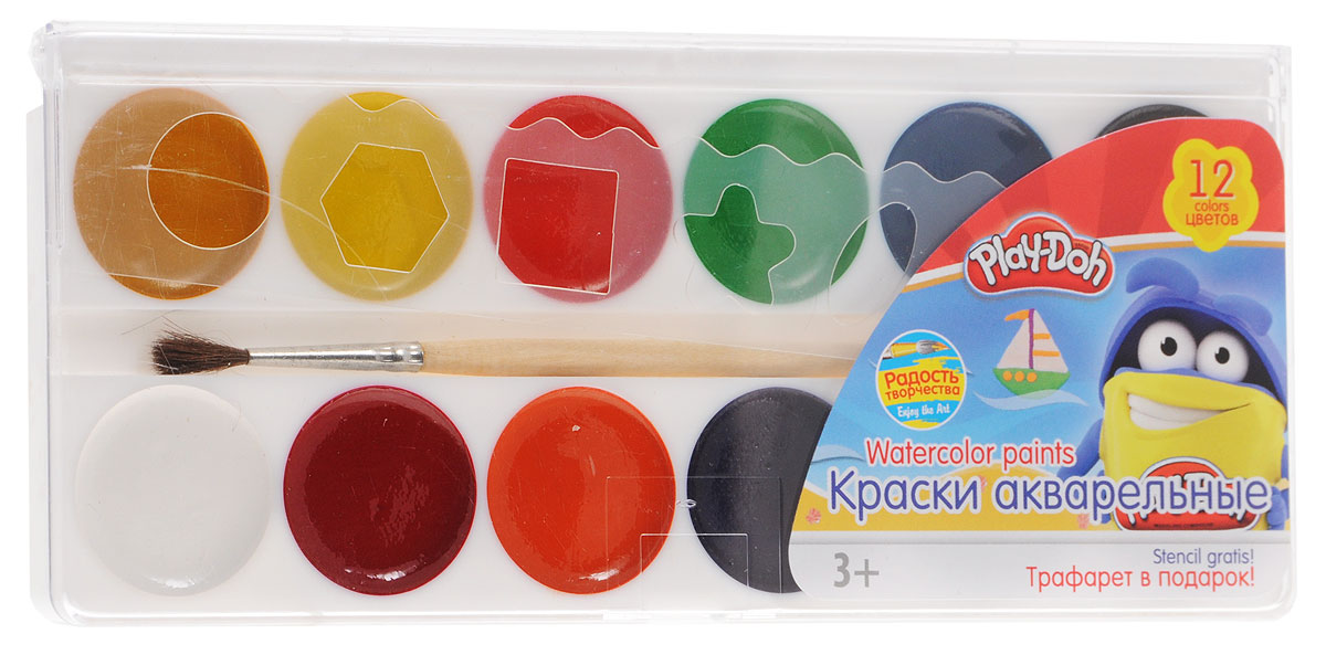 Play-Doh Краски акварельные 12 цветовFS-00103 Play-Doh Краски акварельные 12 цветовFS-00103Акварельные краски Play-Doh идеально подойдут для детского художественного творчества, изобразительных и оформительских работ.Краски легко размываются, создавая прозрачный цветной слой, легко смешиваются между собой, не крошатся и не смазываются, быстро сохнут. Акварель имеет отличные художественные свойства, качественную передачу цвета, хорошую растворимость.В набор входят краски 12 ярких насыщенных цветов и трафарет с различными геометрическими фигурами.В процессе рисования у детей развиваются наглядно-образное мышление, воображение, мелкая моторика рук, творческие и художественные способности, вырабатываются усидчивость и аккуратность.