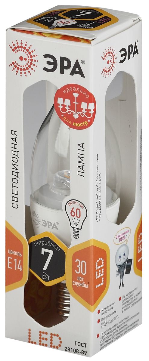 Лампа светодиодная ЭРА Clear, цоколь E14, 170-265V, 7W, 2700К. BXS-7w-827-E14-ClearC0039282 Лампа светодиодная ЭРА Clear, цоколь E14, 170-265V, 7W, 2700К. BXS-7w-827-E14-ClearC0039282Светодиодная лампа ЭРА Clear является самым перспективным источником света. Основным преимуществом данного источника света является длительный срок службы и очень низкое энергопотребление, так, например, по сравнению с обычной лампой накаливания светодиодная лампа служит в среднем в 50 раз дольше и потребляет в 10-15 раз меньше электроэнергии. При этом светодиодная лампа практически не подвержена механическому воздействию из-за прочной конструкции и позволяет получить любой цвет светового потока, что, несомненно, расширяет возможности применения и позволяет создавать новые решения в области освещения.Светодиодная лампа серии Clear предназначена для хрустальных люстр. При их использовании хрусталь играет под яркими лучами. Угол рассеивания светового потока 270 градусов. Совместима с выключателями с подсветкой.