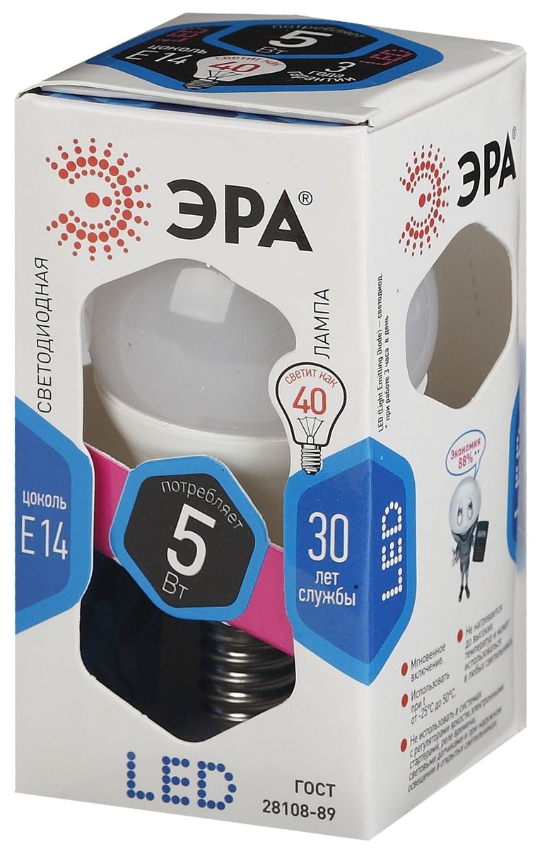 Лампа светодиодная ЭРА, цоколь E14, 170-265V, 5W, 4000К. P45-5w-840-E14C0044702 Лампа светодиодная ЭРА, цоколь E14, 170-265V, 5W, 4000К. P45-5w-840-E14C0044702Светодиодная лампа ЭРА является самым перспективным источником света. Основным преимуществом данного источника света является длительный срок службы и очень низкое энергопотребление, так, например, по сравнению с обычной лампой накаливания светодиодная лампа служит в среднем в 50 раз дольше и потребляет в 10-15 раз меньше электроэнергии. При этом светодиодная лампа практически не подвержена механическому воздействию из-за прочной конструкции и позволяет получить любой цвет светового потока, что, несомненно, расширяет возможности применения и позволяет создавать новые решения в области освещения.