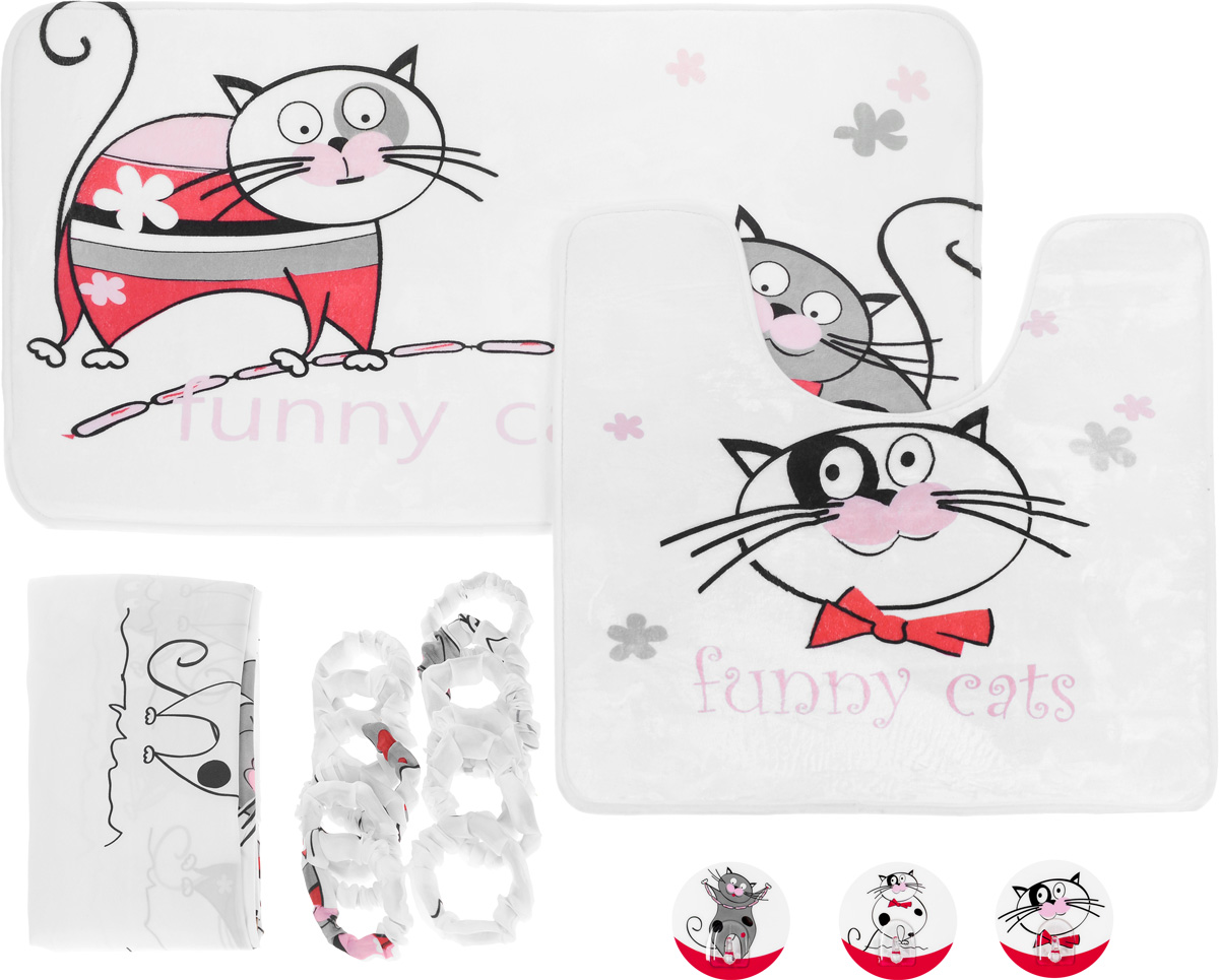 Набор для ванной комнаты Tatkraft Funny Cats, 3 предмета + ПОДАРОК: Крючок адгезивный Tatkraft Funny Cats, 3 шт12723 Набор для ванной комнаты Tatkraft Funny Cats, 3 предмета + ПОДАРОК: Крючок адгезивный Tatkraft Funny Cats, 3 шт12723Набор для ванной комнаты Tatkraft Funny Cats состоит из коврика для ванной, коврика для туалета и шторы для ванной. Коврики выполнены из микрофибры Ultra Soft со специальным противоскользящим основанием и украшены изображением веселых котов. За счет низкой гигроскопичности коврики не теряют своих свойств даже при высокой влажности. Они гипоаллергенны, гигиеничны, не подвержены воздействию микроорганизмов и плесени. Коврики идеально сочетаются со шторой для ванной комнаты, изготовленной из текстиля. Шторка для ванной комнаты выполнена из полиэстера и украшена изображением веселых котов. Штора содержит утяжелитель для отвеса. В комплект входит 12 обшитых тканью колец, исключающих неприятный шум при использовании.Также к набору прилагается подарок в виде трех адгезивных крючков с изображением веселых котов.Крючок может быть установлен только на ровной воздухонепроницаемой поверхности: плитка, стекло, пластик, металл, ламинированное дерево и другие. Крючок является многоразовым, что позволяет перевесить его в любое удобное место. Крючок Tatkraft Funny cats имеет авторский дизайн, который украсит любой интерьер.Набор для ванной комнаты Tatkraft Funny Cats подарит вам ощущение тепла и комфорта, а изысканный дизайн поможет привнести уют в вашу ванную комнату. Размер коврика для ванной: 50 см х 80 см. Размер коврика для туалета: 55 см х 60 см. Размер шторы для ванной: 180 см х 180 см. Диаметр крючка: 8 см.