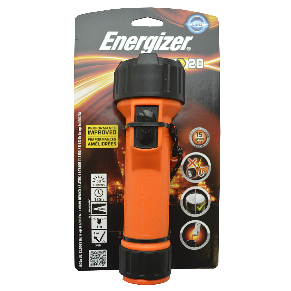 Ручной фонарь Energizer ATEX 2xD excl (MS2DLED1)22122035 Ручной фонарь Energizer ATEX 2xD excl (MS2DLED1)221220351-й класс, 1-й разрядВысокая ударопрочностьВстроенный зажим-карабин для крепления на ременьПростой в использовании кнопочный выключательУстойчивый к воздействию масел и смазки водонепроницаемый корпусЧрезвычайно длительный срок службы – рассчитан на 15 лет2 модели: под батарейки типоразмера D (2 шт.) и AA (2 шт.)Работает от 2 батареек типоразмера D