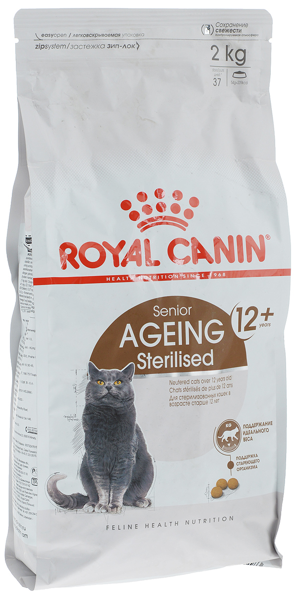 Корм сухой Royal Canin Senior Ageing Sterilised, для стерилизованных кошек старше 12 лет, 2 кг0120710 Корм сухой Royal Canin Senior Ageing Sterilised, для стерилизованных кошек старше 12 лет, 2 кг0120710Корм Royal Canin Senior Ageing Sterilised - полнорационный сбалансированный сухой корм для стерилизованных стареющих кошек в возрасте старше 12 лет. Физическая активность некоторых стареющих кошек понижается с возрастом, что приводит к избыточному весу. Умеренное содержание жиров в корме способствует поддержанию идеального веса. Запатентованный комплекс антиоксидантов содержит ликопен и жирные кислоты Омега-3, что помогает организму бороться с последствиями старения. Корм также помогает поддерживать здоровье почек благодаря умеренному содержанию фосфора. Товар сертифицирован.