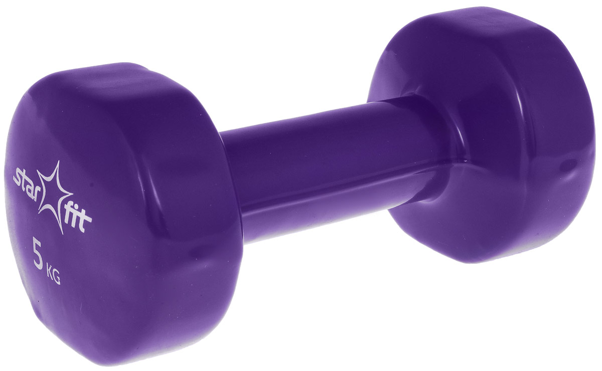 Гантель виниловая Star Fit, цвет: фиолетовый, 5 кг. DB-101SF 0085 Гантель виниловая Star Fit, цвет: фиолетовый, 5 кг. DB-101SF 0085Металлическая гантель с виниловым покрытием Star Fit отлично подойдет для занятий спортом. Она помогает укрепить мышцы рук, грудной клетки, верхней части спины и плеч.Этот спортивный снаряд является идеальной дополнительной нагрузкой для любых физических упражнений. Для себя можно подобрать подходящий комплекс и неуклонно худеть, разминаясь с гантелями. В скором времени стройная фигура и отличное самочувствие станут наградой за постоянные занятия.