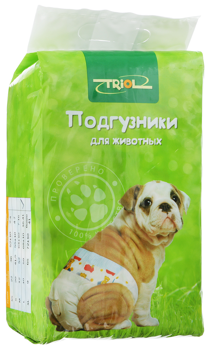Подгузники для домашних животных Triol, 16-41 кг, 10 шт. Размер L0120710 Подгузники для домашних животных Triol, 16-41 кг, 10 шт. Размер L0120710Подгузники для домашних животных Triol подходит для собак весом от 16 до 41 кг, с обхватом талии 68 ± 10 см идлиной 59 см. Внутренняя поверхность подгузника изготовлена исключительно из мягких и эластичных, содержащих хлопок нетканых материалов. Быстро впитывают влагу и оставляют поверхность сухой. Во избежание аллергических реакций не используются натуральные или искусственные отдушки. Впитывающий слой состоит из натуральной распушенной целлюлозы, которая является отличным абсорбентом. Внешний слой надежно удерживает жидкость внутри, а эластичные боковые барьеры позволяют избежать протекания. Кроме этого, верхний слой декорирован забавным рисунком.Комплектация: 10 шт.