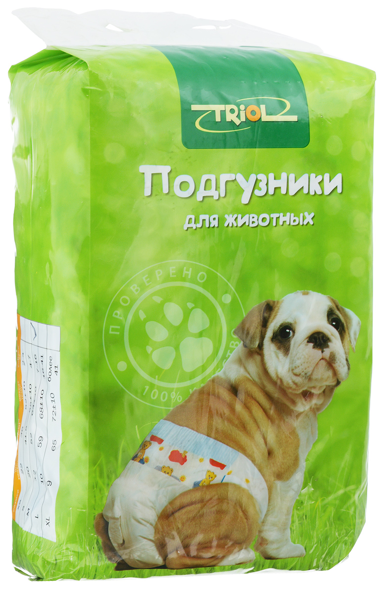 Подгузники для домашних животных Triol, 7-16 кг, 12 шт. Размер M0120710 Подгузники для домашних животных Triol, 7-16 кг, 12 шт. Размер M0120710Подгузники для домашних животных Triol подходит для собак весом от 7 до 16 кг, с обхватом талии 64 ± 10 см идлиной 52 см. Внутренняя поверхность подгузника изготовлена исключительно из мягких и эластичных, содержащих хлопок нетканых материалов. Быстро впитывают влагу и оставляют поверхность сухой. Во избежание аллергических реакций не используются натуральные или искусственные отдушки. Впитывающий слой состоит из натуральной распушенной целлюлозы, которая является отличным абсорбентом. Внешний слой надежно удерживает жидкость внутри, а эластичные боковые барьеры позволяют избежать протекания. Кроме этого, верхний слой декорирован забавным рисунком.Комплектация: 12 шт.