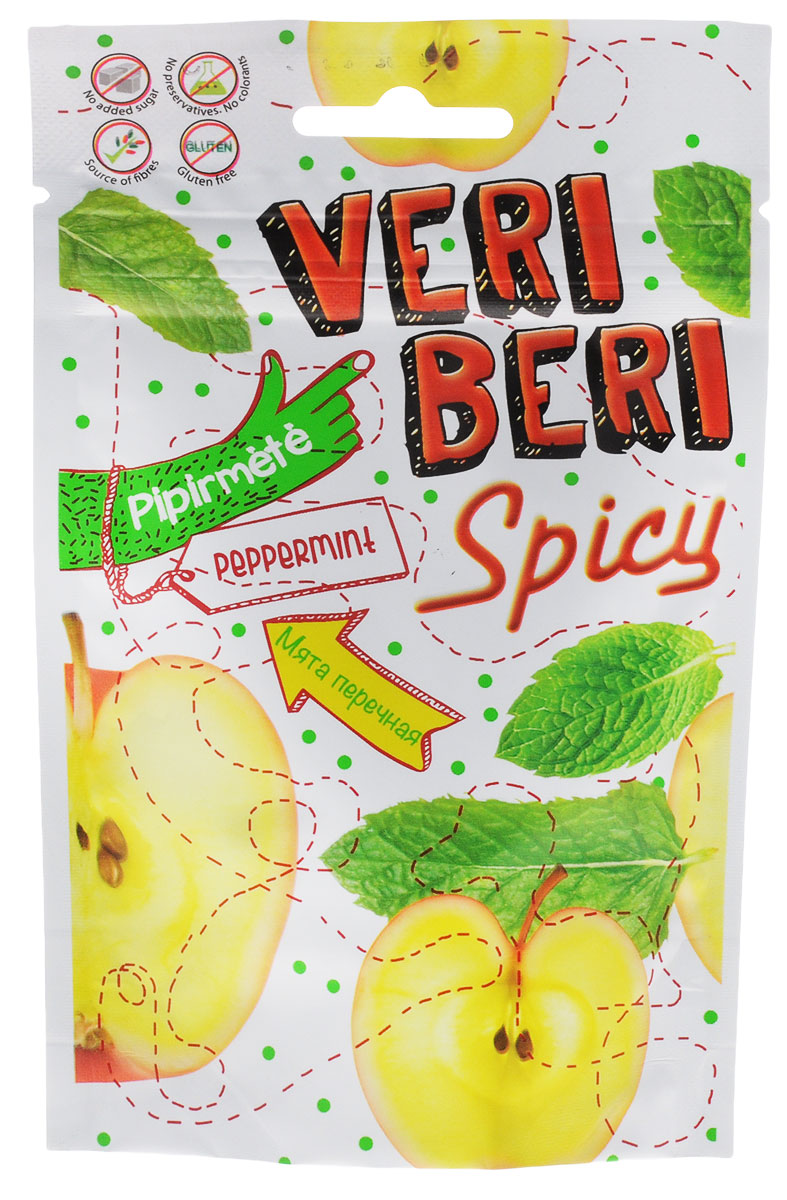 Veri Beri Фруктовые полоски с мятой, 50 г0120710 Veri Beri Фруктовые полоски с мятой, 50 г0120710Фруктовые полоски Veri Beri, сделанные только из натуральных фруктов. Без сахара, без консервантов, без красителей. Сладость продукта достигается только за счёт использования только натуральных сахаров, содержащихся в фруктовом соке и пюре. Содержит много клетчатки, что положительно влияет на пищеварительную систему.Используемые ингредиенты: фруктовый сок и концентрат пюре, фруктовый пектин, фруктовые волокна, натуральные фруктовые ароматизаторы.
