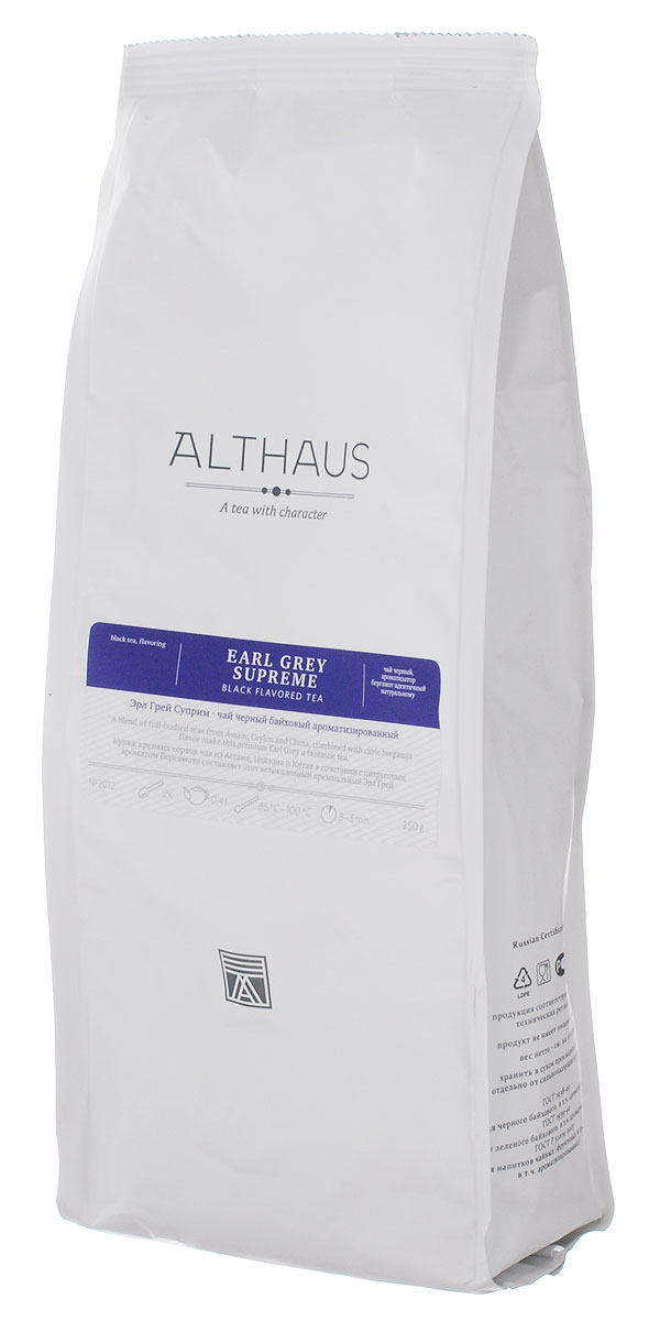 Althaus Earl Grey Supreme черный листовой чай, 250 г101246 Althaus Earl Grey Supreme черный листовой чай, 250 г101246Althaus Earl Grey Supreme - классика английской чайной культуры. Специально разработанный премиальный купаж выдержан в традиционной английской рецептуре. Крепкие сорта чая из Ассама, Цейлона и Китая сочетаются с деликатной смолисто-свежей нотой бергамота. Чай рекомендуется для вечернего чаепития с легкими закусками.