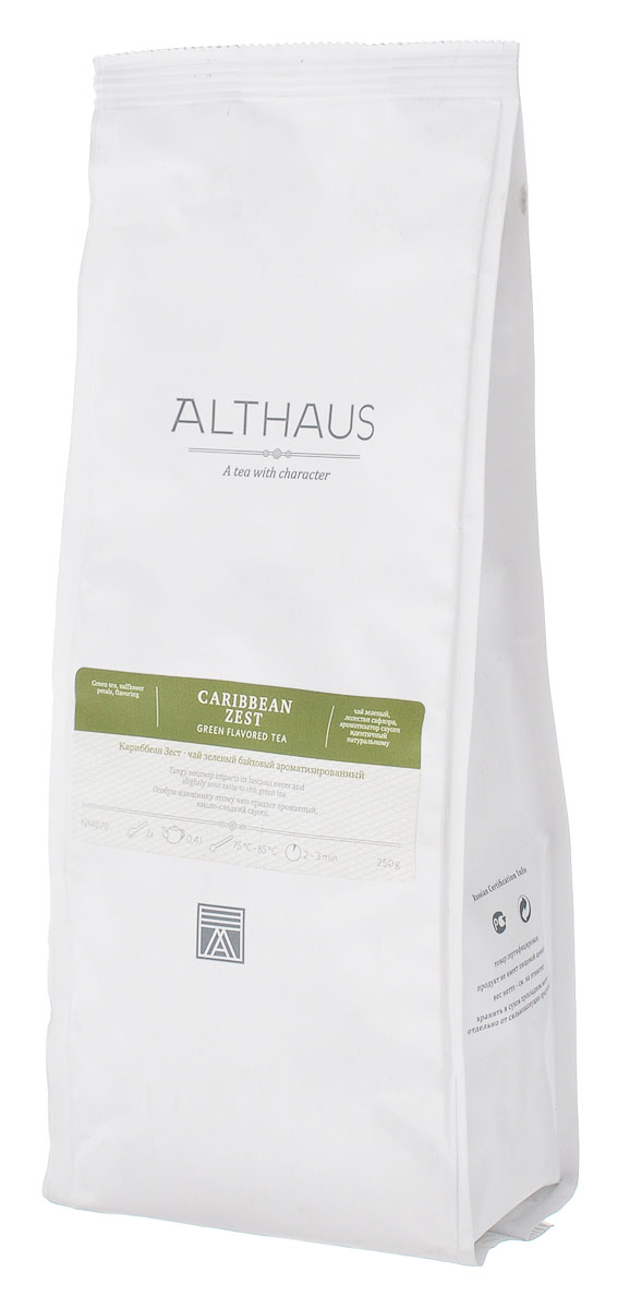 Althaus Caribbean Zest зеленый листовой чай, 250 г4607099307957 Althaus Caribbean Zest зеленый листовой чай, 250 г4607099307957Особую изюминку чаю Althaus Caribbean Zest придает ароматный кисло-сладкий саусеп, который раскрывается в ярком и густом фруктовом букете, обволакивающем, с оттенком спелого яблока и лимонада. Насыщенный медового цвета напиток обладает терпким, слегка дымным вкусом чая ганпаудер и деликатной кислинкой.