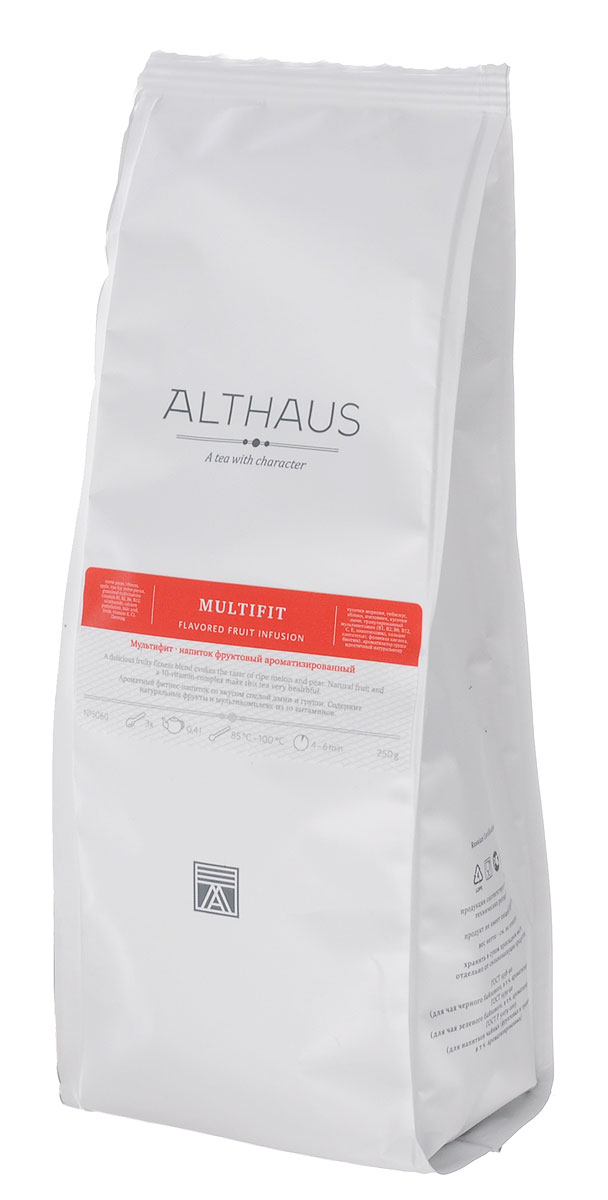 Althaus Multifit фруктовый листовой чай, 250 г101246 Althaus Multifit фруктовый листовой чай, 250 г101246Althaus Multifit — тонизирующий фруктовый напиток, обогащенный витаминами. В состав этого уникального купажа входит гранулированный комплекс из 10 витаминов, рекомендованных Немецким обществом питания для ежедневного употребления взрослыми: B1, B2, B6, B12, E, C, никотинамид, пантотенат кальция, фолиевая кислота, биотин. При процентном содержании витаминов 7.5% порция чая Multifit (5 г) обеспечивает половину суточной нормы 10 витаминов.Купаж дает настой нежно-рубинового цвета. Традиционная основа фруктовых блендов — гибискус, яблоко, шиповник — здесь дополнен таким необычным и полезным компонентом как морковь. Вкус чая полный, богатый, с хорошим балансом кислинки и сладких нот — засахаренных долек сочной дыни и спелой садовой груши, аромат напоминает запах свежего фруктового конфитюра. Напиток создан для современных людей, ведущих активный образ жизни и заботящихся о своем здоровье. Температура воды: 85-100°СВремя заваривания: 4-6 мин Цвет в чашке: нежно-рубиновый