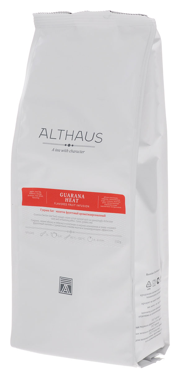Althaus Guarana Heat фруктовый листовой чай, 250 г101246 Althaus Guarana Heat фруктовый листовой чай, 250 г101246Althaus Guarana Heat — натуральный энергетический фруктовый коктейль, снимающий усталость и придающий силы.Гуарана — это древесное вьющееся растение с берегов Амазонки. Индейцы Южной Америки недаром называли гуарану эликсиром молодости, ее семена содержат множество полезных веществ и поддерживают работу сердца. Сладкий апельсин, лепестки розы и свежее яблоко образуют тонкий нежный вкус напитка. В ярком выразительном букете раскрываются волнующие цитрусовые оттенки и сочная арбузная нота, которая рождается из сочетания ароматов свежего зеленого киви и сладкой земляники. Во вкусе присутствует приятная терпкость и легкая горчинка.Бодрящий напиток Althaus Guarana Heat — прекрасный выбор для утреннего чаепития. Этот напиток употребляют не только в горячем, но и в холодном виде со льдом. Температура воды: 85-100 °СВремя заваривания: 4-6 мин Цвет в чашке: красно-золотой