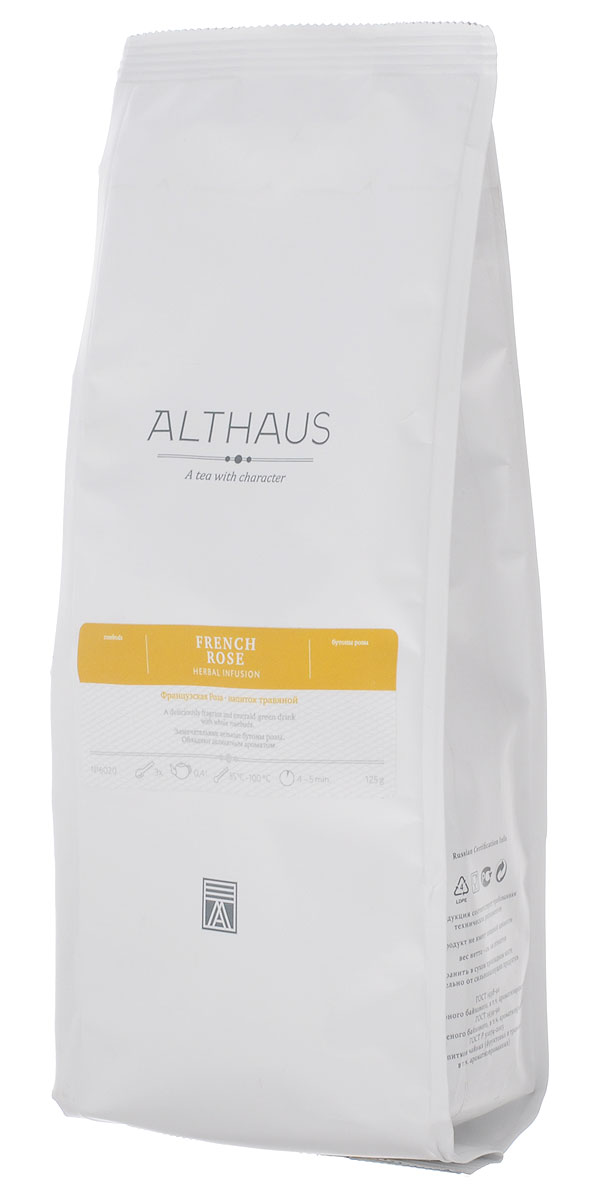 Althaus French Rose травяной листовой чай, 125 г101246 Althaus French Rose травяной листовой чай, 125 г101246Althaus French Rose — необыкновенно нежный и ароматный напиток из нераспустившихся бутонов роз. В XIII веке роза появилась во Франции и вскоре стала считаться эталоном совершенства и изысканности во всей Европе.При заваривании пурпурные бутоны роз красиво распускаются, отдавая свои сочные краски в настой. Напиток приобретает характерный розовый аромат, сладковато-цветочный, переливающийся теплой пряностью светлого табака. Обволакивающий медовый вкус с легким дымным оттенком несет в себе чайную ноту и тонкое послевкусие. Букет этого чая кажется особенно зрелым, выдержанным, бархатистым.Роза считается священным растением во многих культурах. Еще в Древнем Китае бутоны роз использовались как омолаживающее и лекарственное средство. До сих пор чай из розы и розовую воду применяют для лечения многих болезней.Французская Роза удивительно красиво смотрится при заваривании в прозрачной посуде. Ее можно заваривать отдельно, а также добавлять к черному или зеленому чаю для придания новых вкусовых оттенков и усиления эстетического эффекта. Из бутонов роз можно сделать хороший топпинг для десерта.Температура воды: 85-100 °СВремя заваривания: 4-5 мин Цвет в чашке: изумрудный