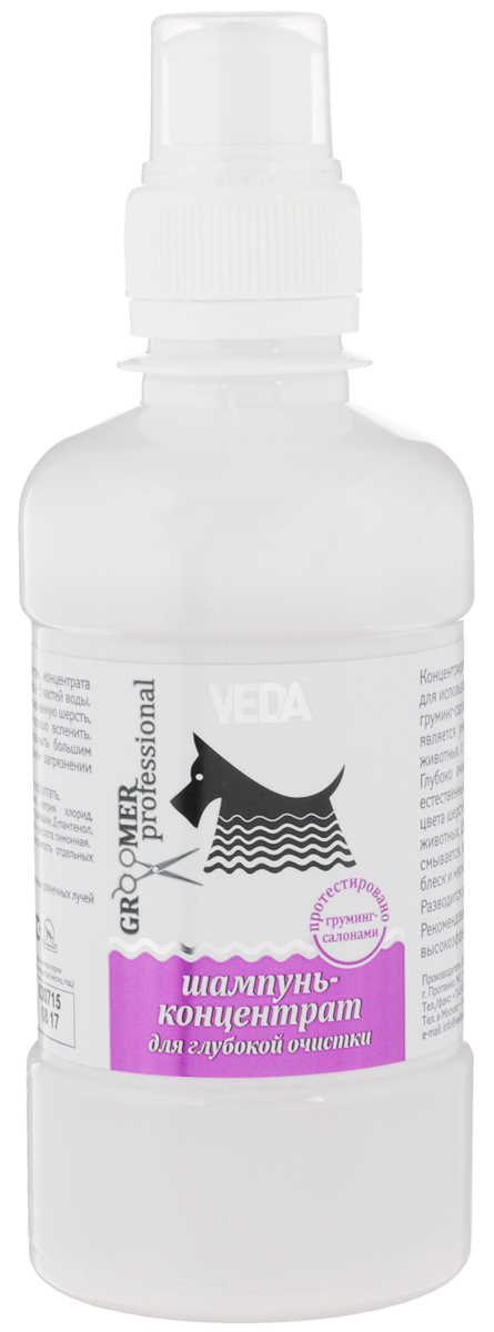 Шампунь-концентрат для собак и кошек VEDA Groomer Professional, для глубокой очистки, 250 мл0120710 Шампунь-концентрат для собак и кошек VEDA Groomer Professional, для глубокой очистки, 250 мл0120710Шампунь-концентрат VEDA Groomer Professional является универсальным средством, подходит для кошек и собак с различной текстурой и цветом шерсти. Глубоко очищает сильные загрязнения, не меняя естественный pH кожи. Способствует освежению цвета шерстного покрова, в том числе у белоснежных животных. Шампунь имеет приятный аромат и легко смывается, облегчает расчесывание, придает шерсти блеск и мягкость.Разводится в пропорции 1:5.Рекомендован для грумеров и завозчиков как высокоэффективное экономичное средство. Товар сертифицирован.