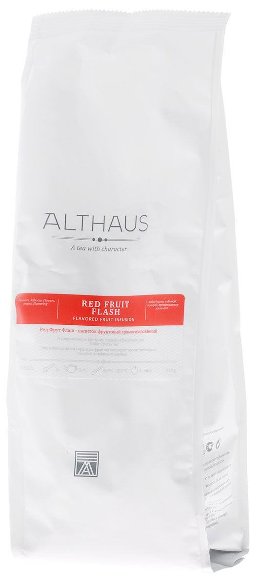 Althaus Red Fruit Flash фруктовый листовой чай, 250 г0120710 Althaus Red Fruit Flash фруктовый листовой чай, 250 г0120710Ред Фрут Флаш — замечательная композиция из садовых и лесных ягод и гибискуса с ароматом свежего домашнего варенья. В состав Ред Фрут Флаш входят черника, черная смородина, голубика, бузина и темно-рубиновые лепестки каркаде. Этот уникальный фруктовый купаж обладает ярким цветочно-ягодным ароматом с едва уловимым медовым оттенком. При заваривании конфетная сладость раскрывается в богатый букет со множеством выразительных нюансов. В нем угадывается теплая сладость пенки от ягодного варенья и глубокие тона черных лесных ягод. Вкус Ред Фрут Флаш полный, насыщенный, прекрасно сбалансированный, с приятной гранатовой кислинкой. В букете этого напитка доминируют фруктово-ягодные ноты с оттенком спелых вяленых абрикосов и изюма. Ред Фрут Флаш можно пить не только в горячем, но и в холодном виде со льдом. Температура воды: 85-100 °СВремя заваривания: 4-6 минЦвет в чашке: насыщенный темно-вишневый