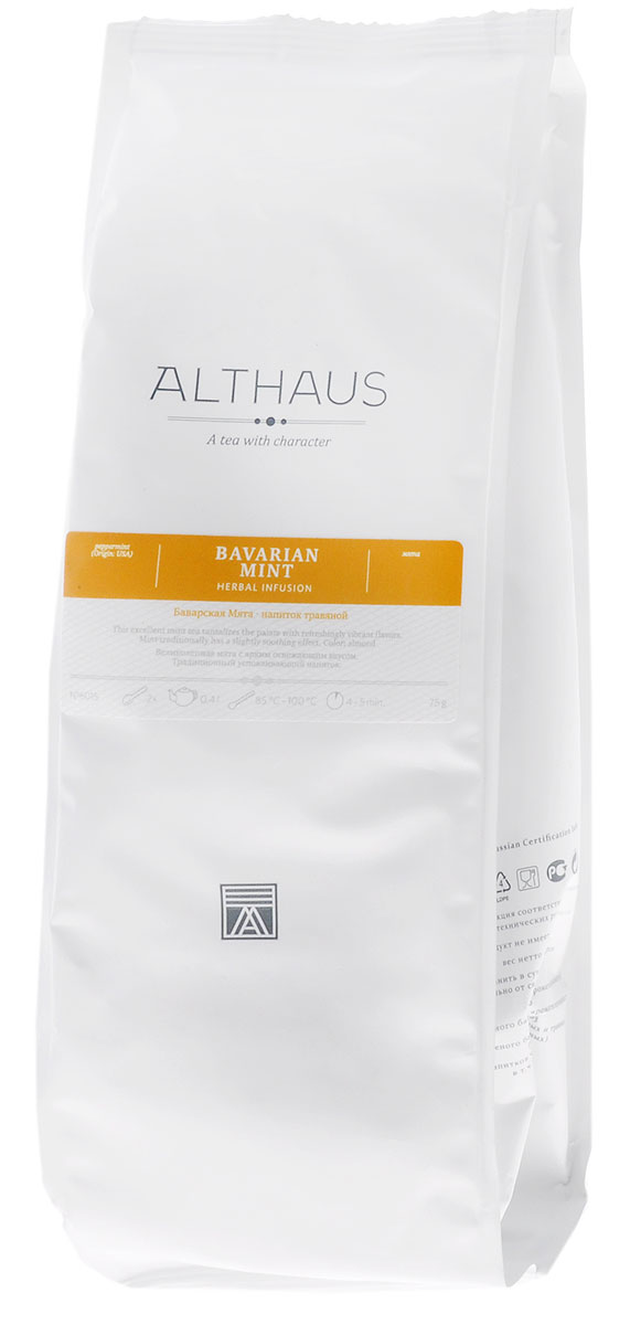 Althaus Bavarian Mint травяной листовой чай, 75 г101246 Althaus Bavarian Mint травяной листовой чай, 75 г101246Althaus Баварская Мята — замечательный мятный чай с ярким вкусом и бодрящим ароматом.Красивые фисташково-зеленые листочки при заваривании во всей полноте раскрывают свой неповторимый букет. Игристый ментоловый аромат гармонично оттеняется зелеными травянистыми и сладковатыми нотками. В горячем настое душистое благоухание свежей мяты сопровождается тонким холодком, который оставляет за собой пикантно-острый след и длительное послевкусие. Мята — одно из древнейших лекарственных растений. Целебные настои на листьях мяты использовались еще во времена египетских фараонов. В Древней Греции и Риме мята считалась растением, приносящим свежесть. Мятная вода создавала благородный аромат в жилищах, а знатные люди носили венки из ее листьев, чтобы сохранять ясность ума и самообладание. По представлениям традиционной народной медицины, мята оказывает мягкое успокаивающее воздействие. Этот эффект обусловлен особыми эфирными маслами, которыми так богаты листья мяты. Баварскую Мяту можно заваривать как отдельно, так и вместе с чаем и другими добавками, например, лимоном, получая замечательные освежающие коктейли. Температура воды: 85-100 °СВремя заваривания: 4-5 минЦвет в чашке: зеленовато-коричневый
